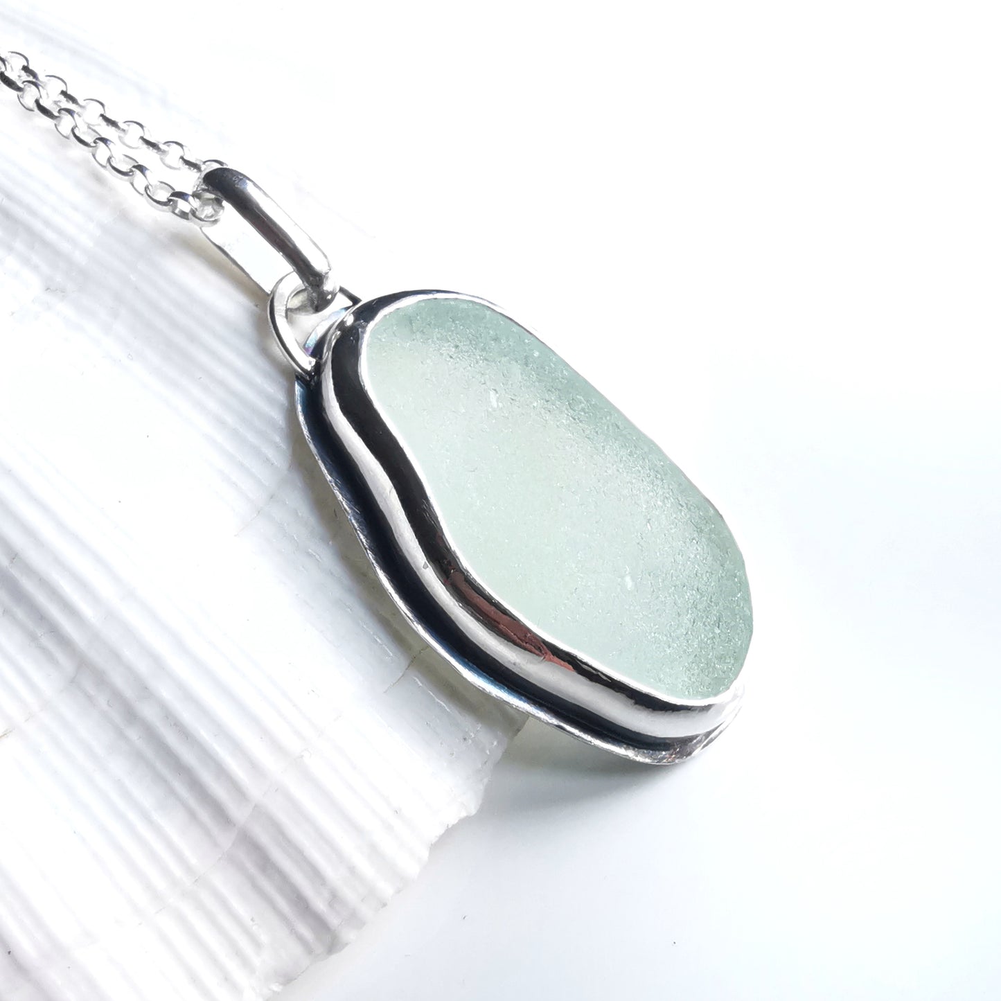 Custom made for Gillian. Seafoam sea glass & sterling silver pendant.