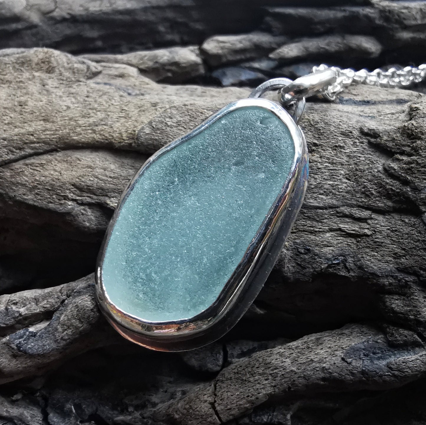 Custom made for Gillian. Seafoam sea glass & sterling silver pendant.