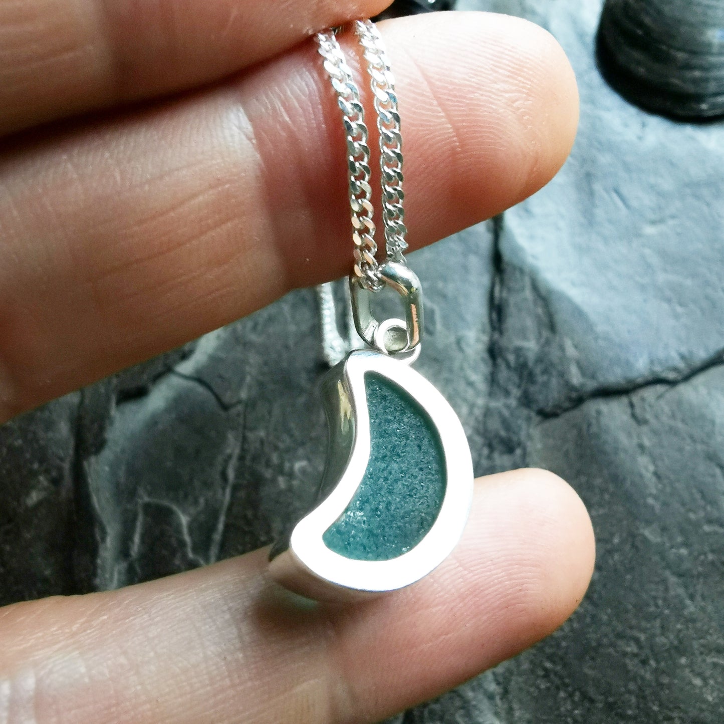 Scottish teal blue crescent moon sea glass & sterling silver pendant.