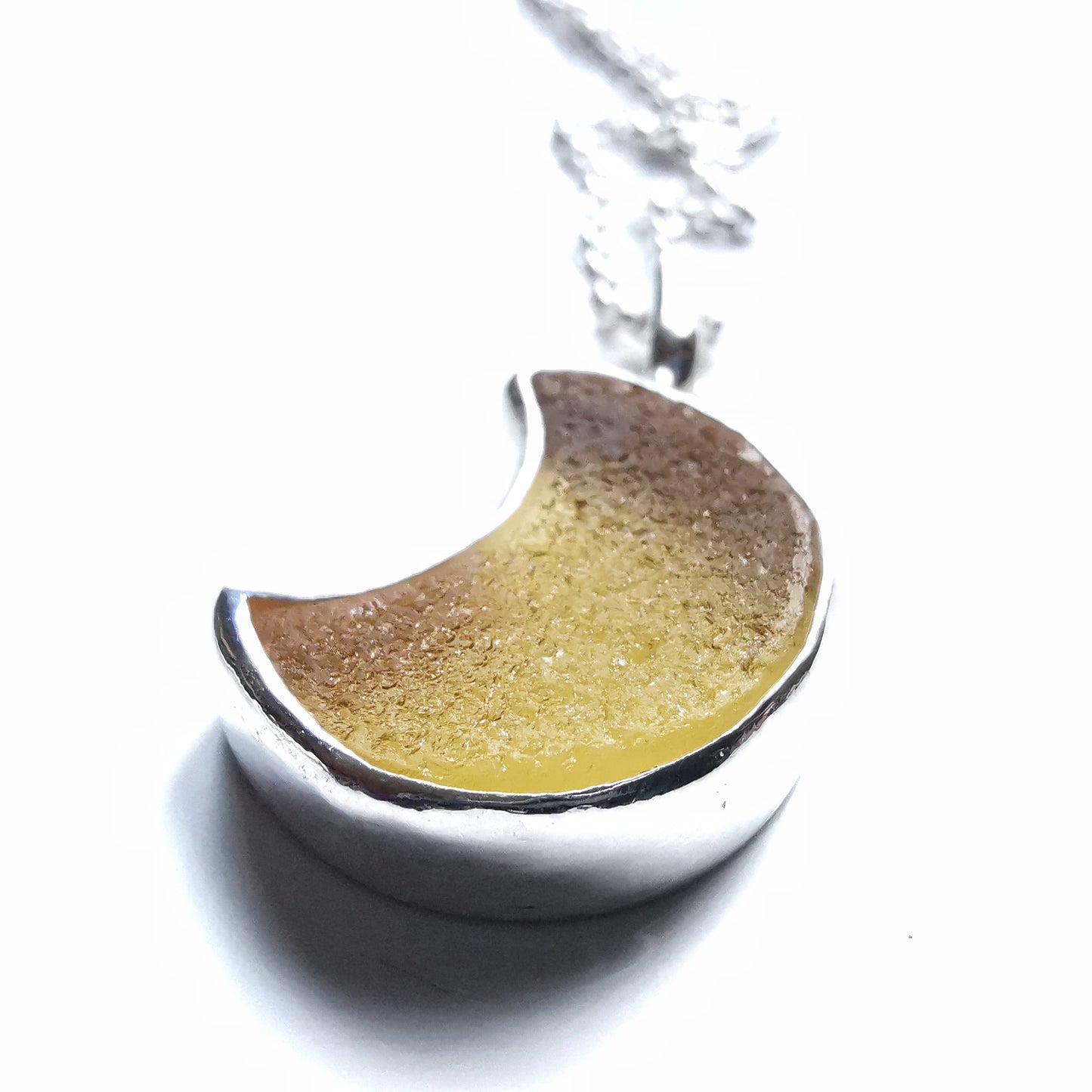 Scottish yellow crescent moon sea glass & sterling silver pendant.