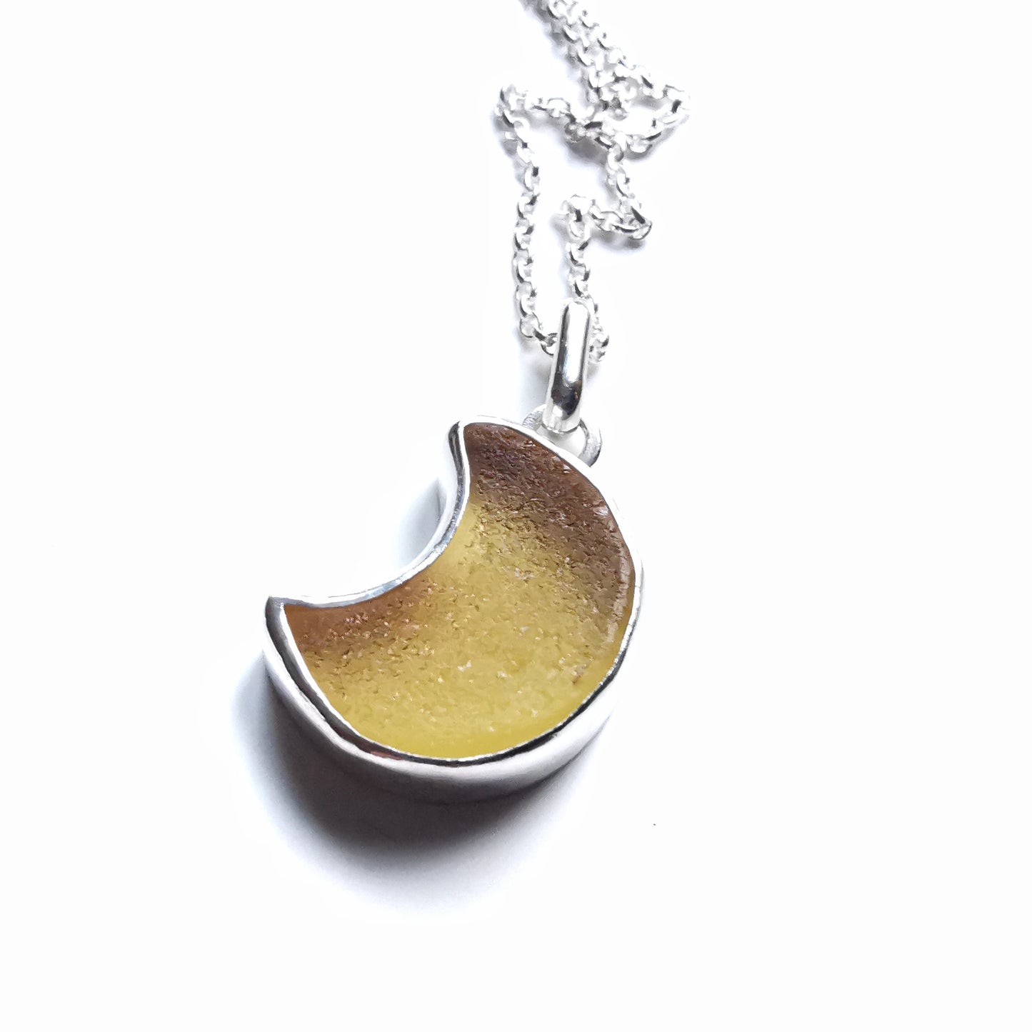 Scottish yellow crescent moon sea glass & sterling silver pendant.