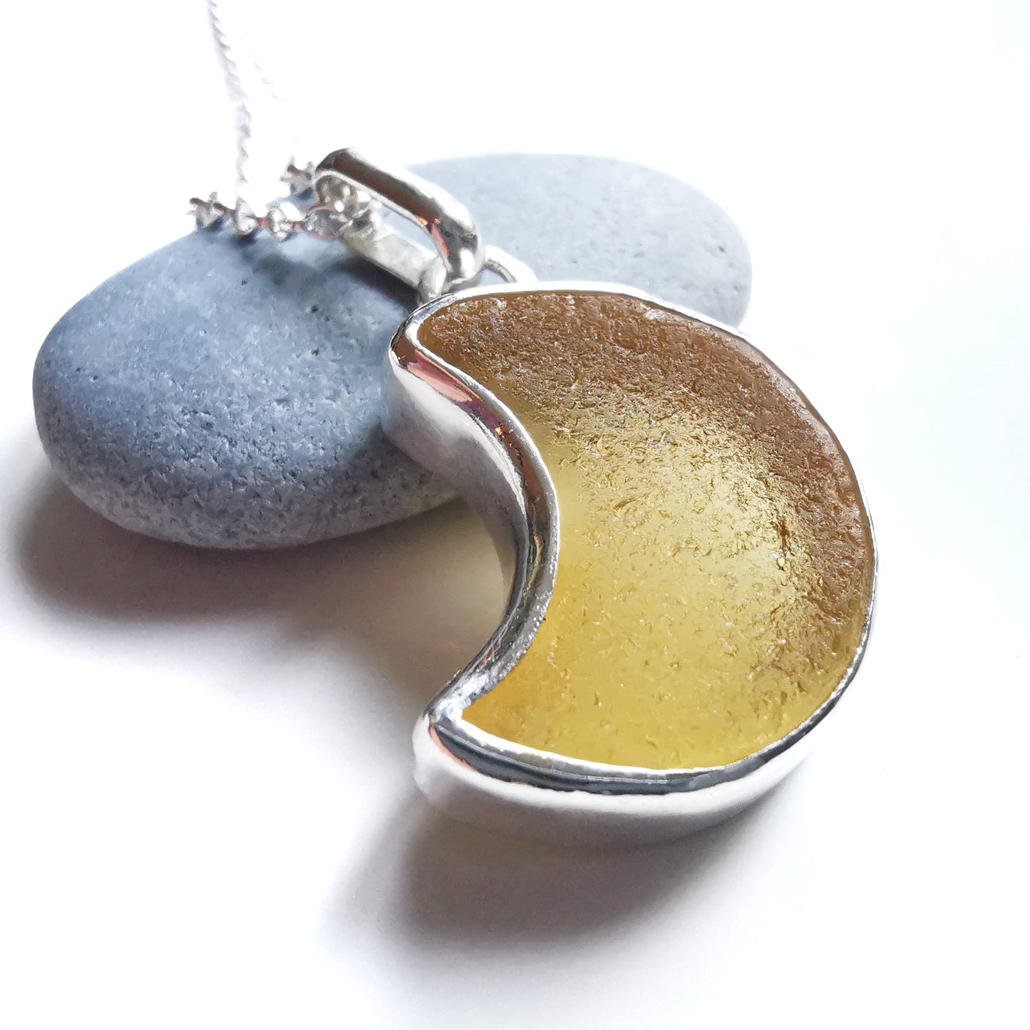 Scottish yellow crescent moon sea glass & sterling silver pendant.