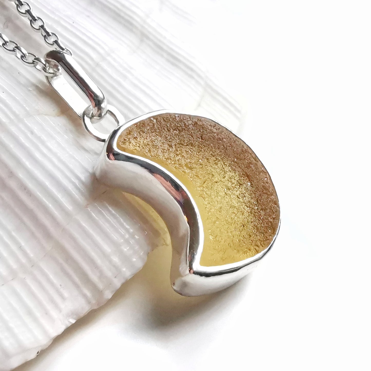 Scottish yellow crescent moon sea glass & sterling silver pendant.