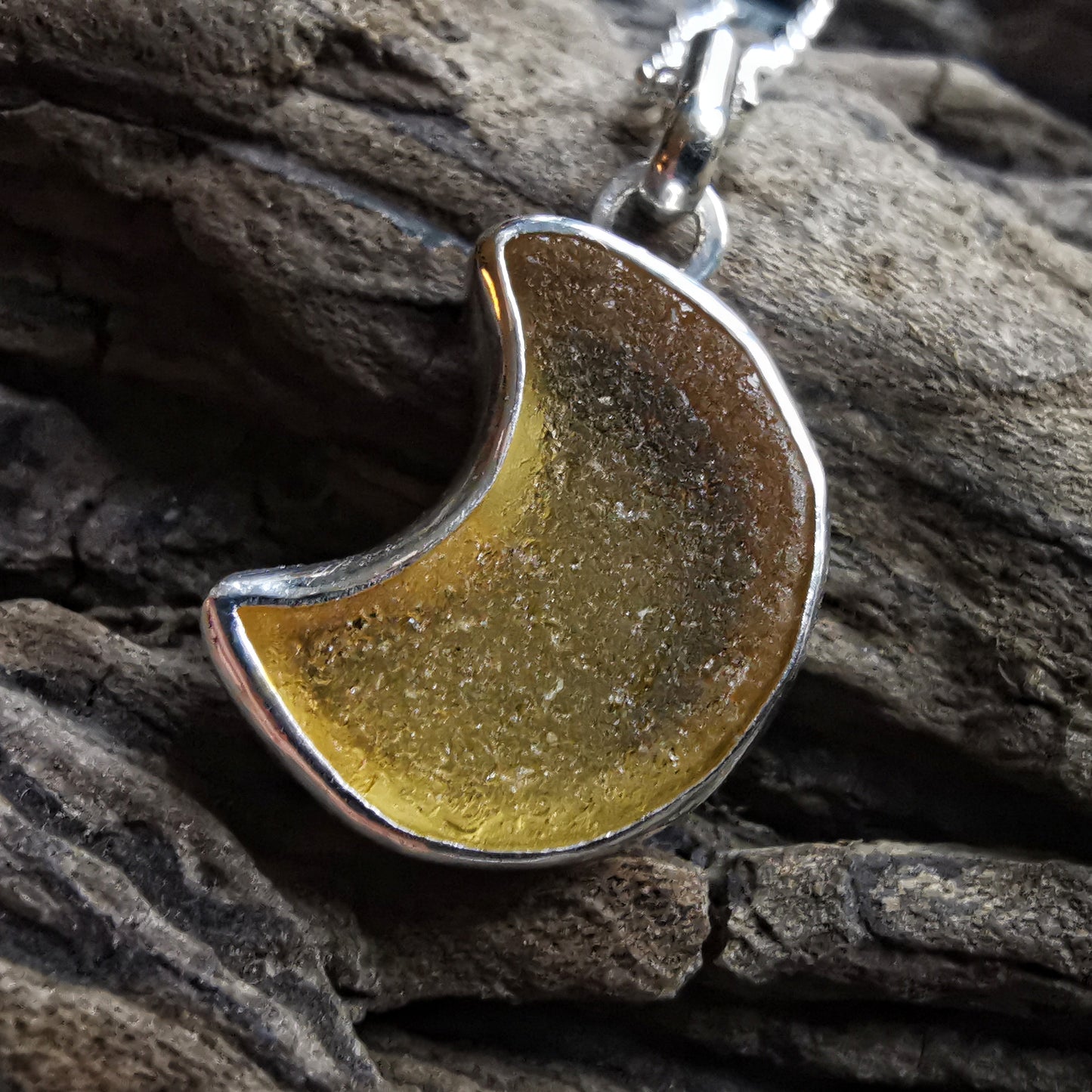 Scottish yellow crescent moon sea glass & sterling silver pendant.