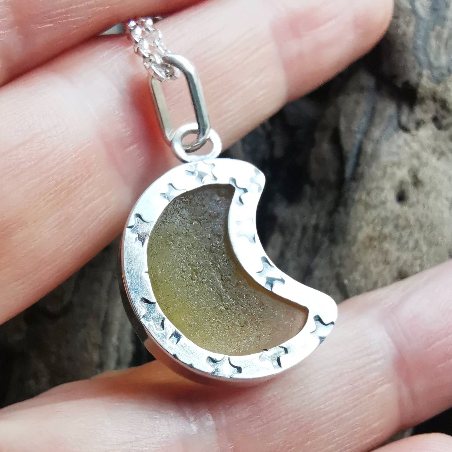 Scottish yellow crescent moon sea glass & sterling silver pendant.