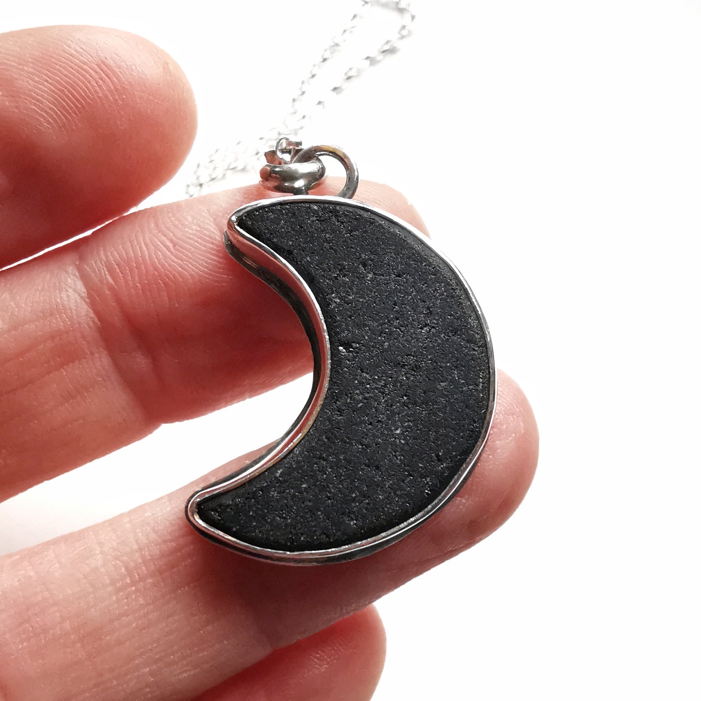 Scottish black crescent moon sea glass & sterling silver pendant.