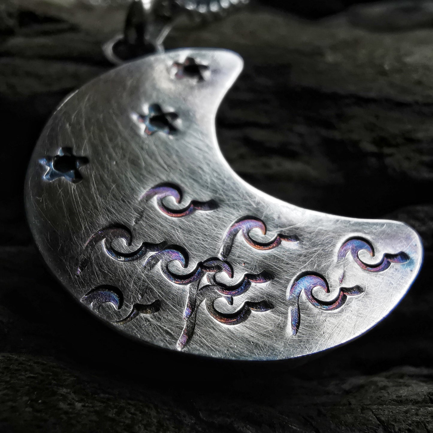 Scottish black crescent moon sea glass & sterling silver pendant.