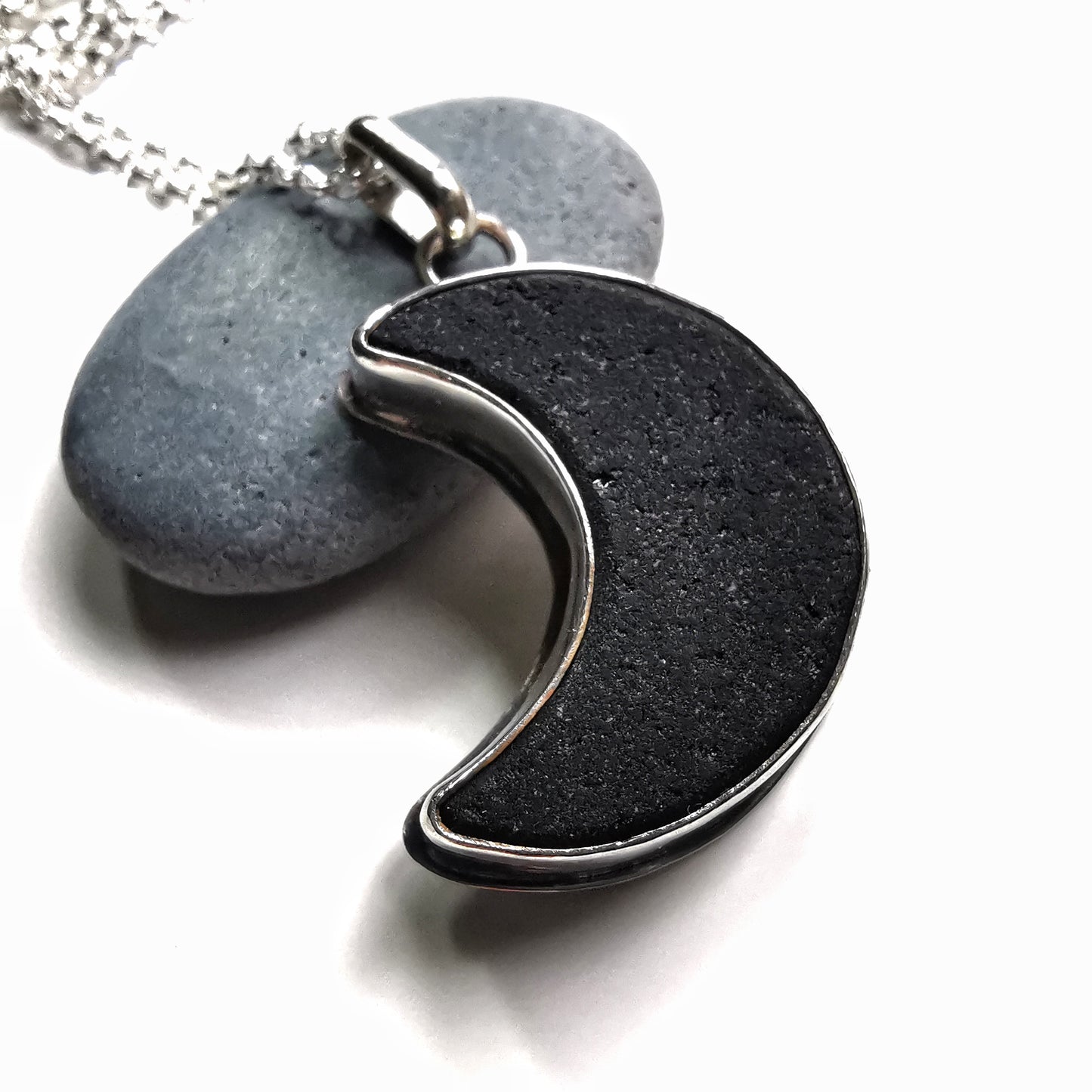Scottish black crescent moon sea glass & sterling silver pendant.