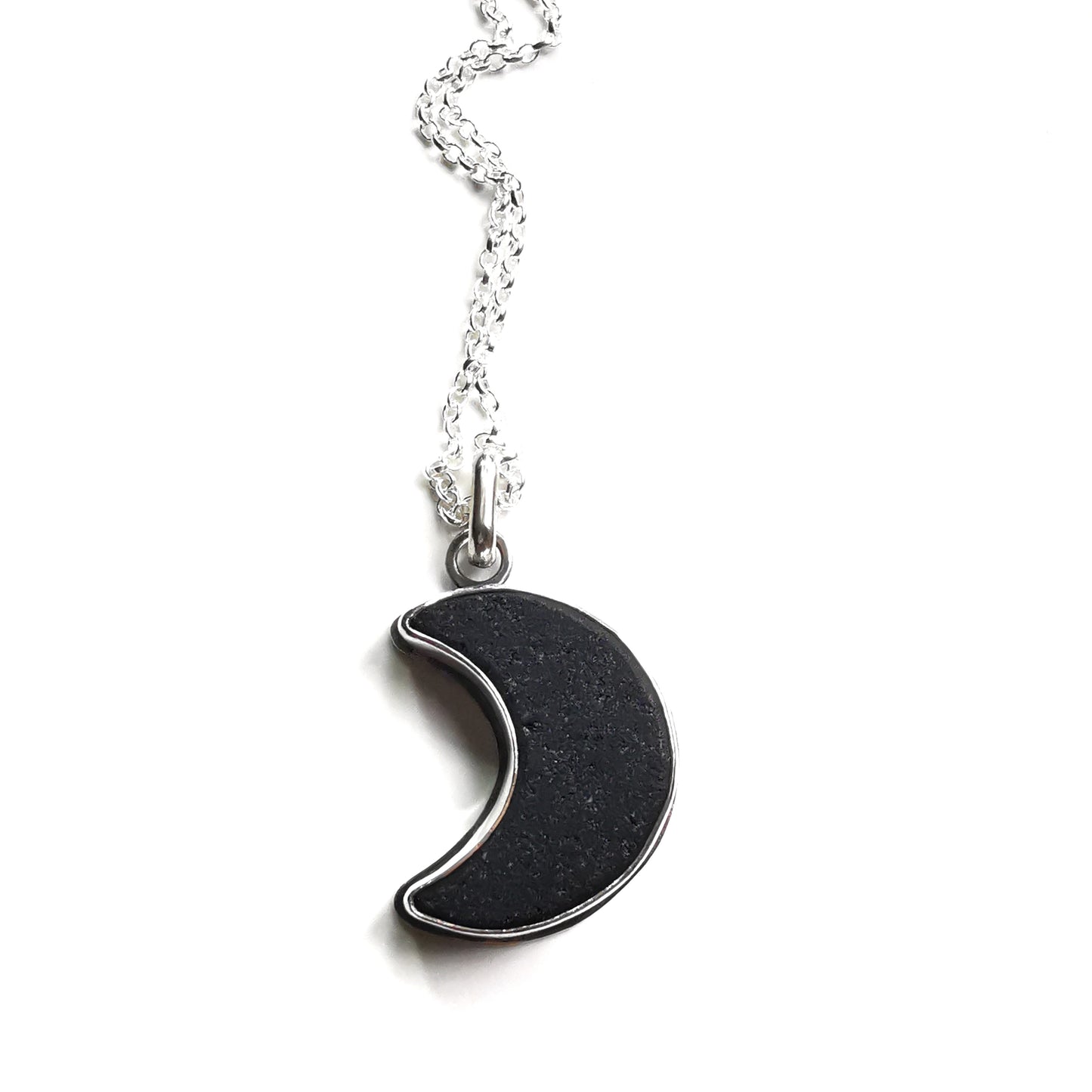 Scottish black crescent moon sea glass & sterling silver pendant.