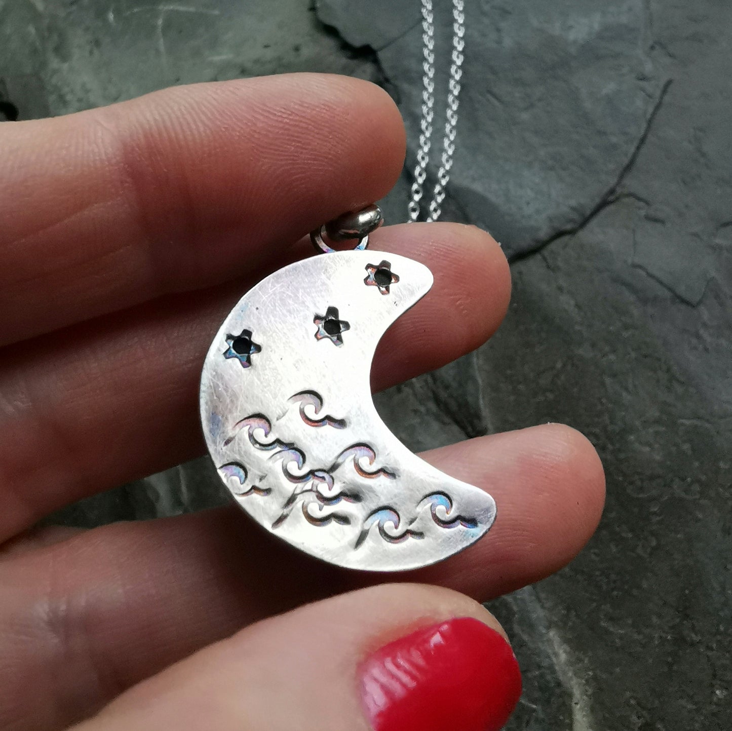Scottish black crescent moon sea glass & sterling silver pendant.