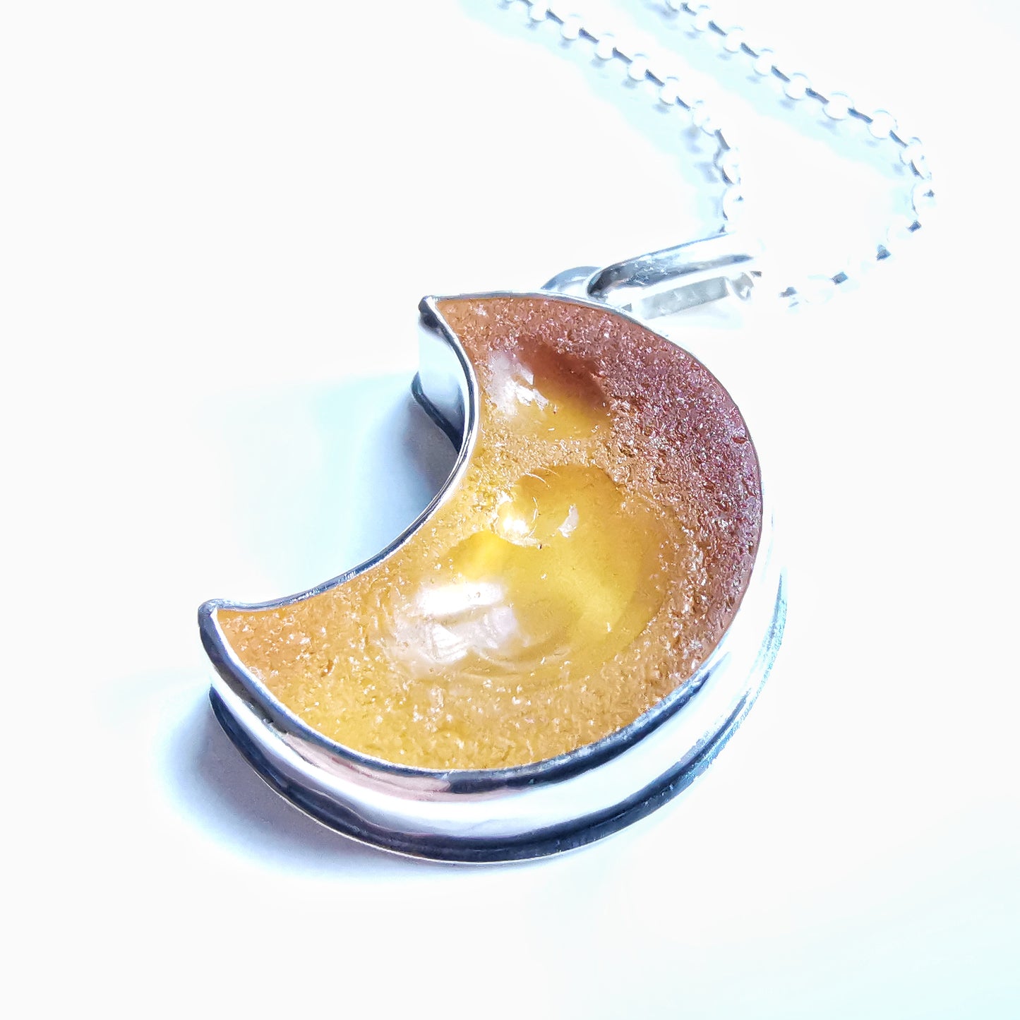 Scottish yellow crescent moon sea glass & sterling silver pendant.