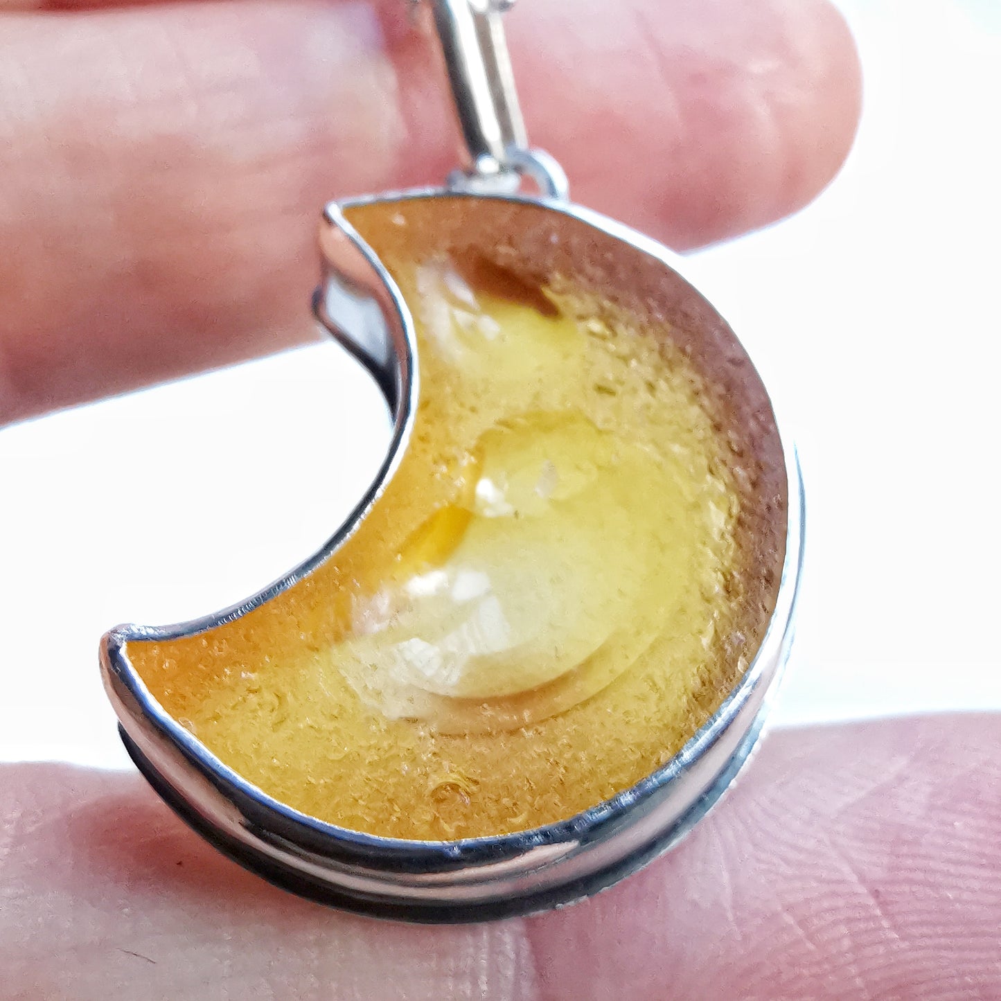Scottish yellow crescent moon sea glass & sterling silver pendant.