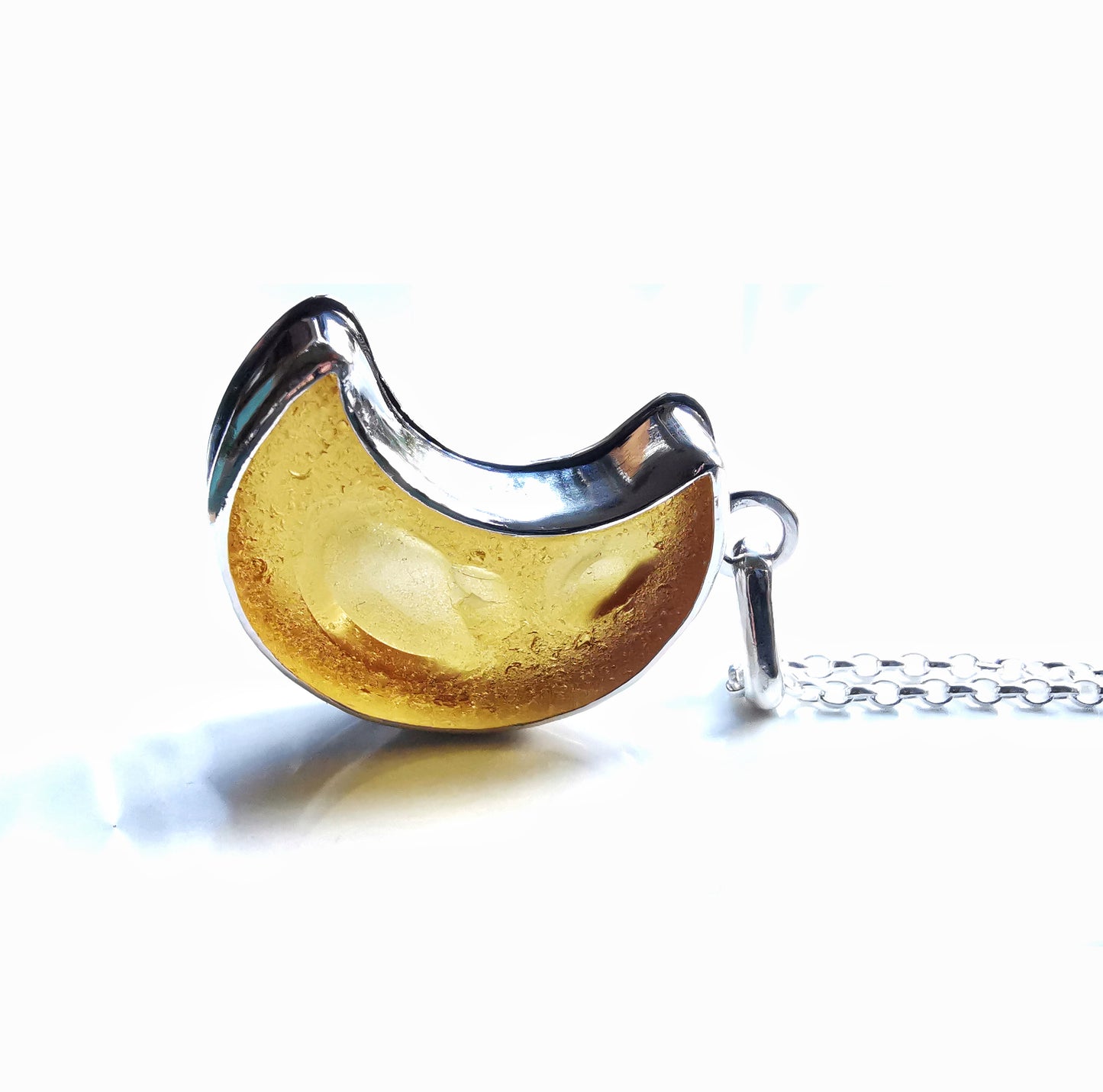 Scottish yellow crescent moon sea glass & sterling silver pendant.