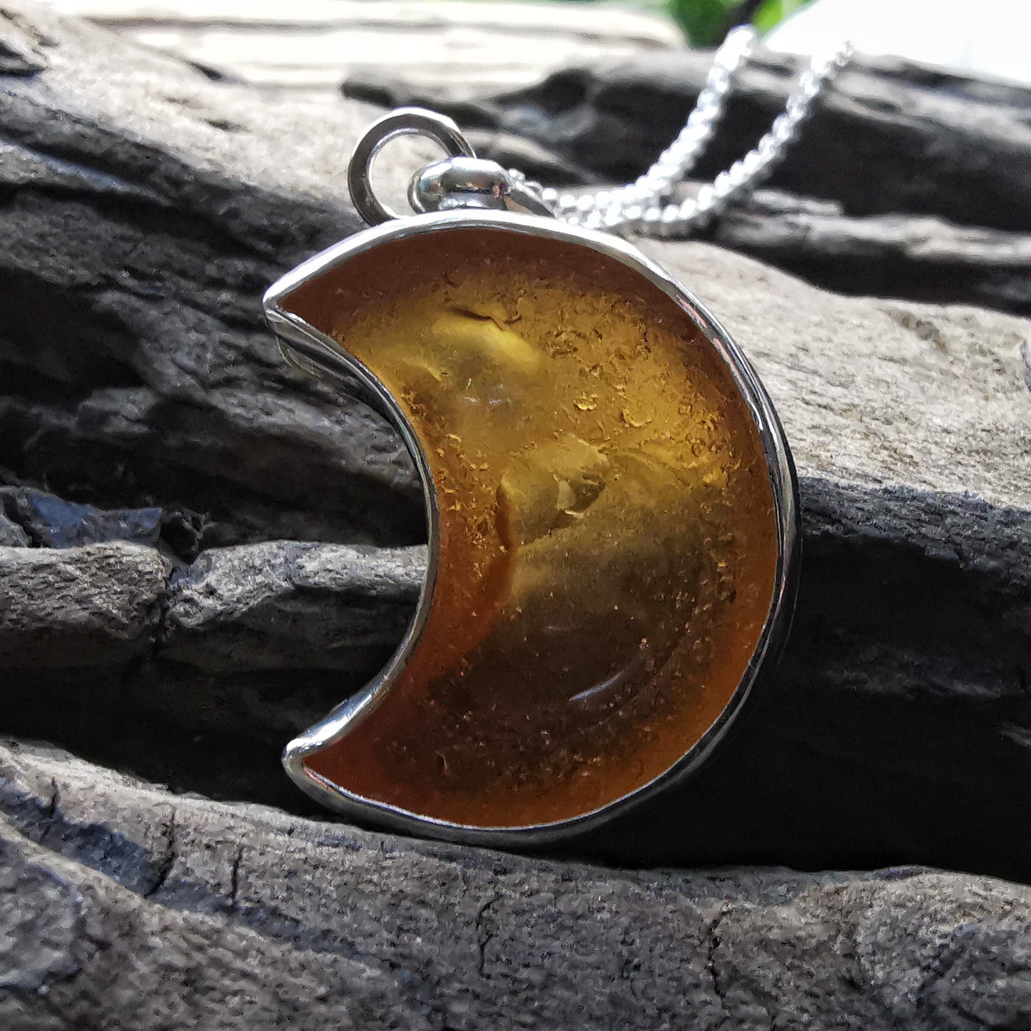 Scottish yellow crescent moon sea glass & sterling silver pendant.