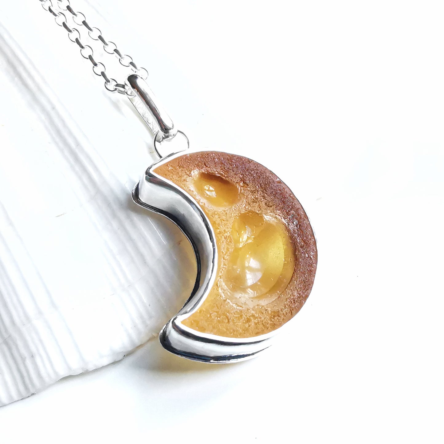 Scottish yellow crescent moon sea glass & sterling silver pendant.