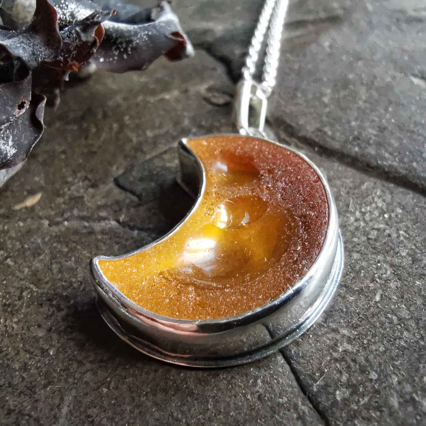 Scottish yellow crescent moon sea glass & sterling silver pendant.