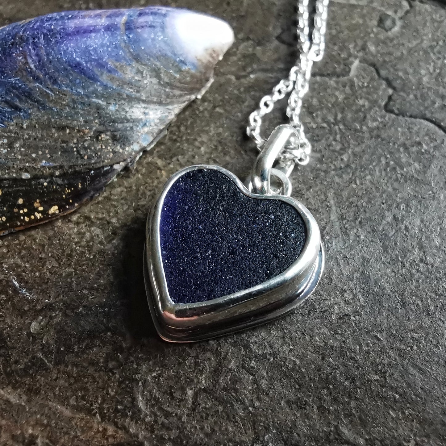 Scottish cobalt blue sea glass heart & sterling silver pendant.