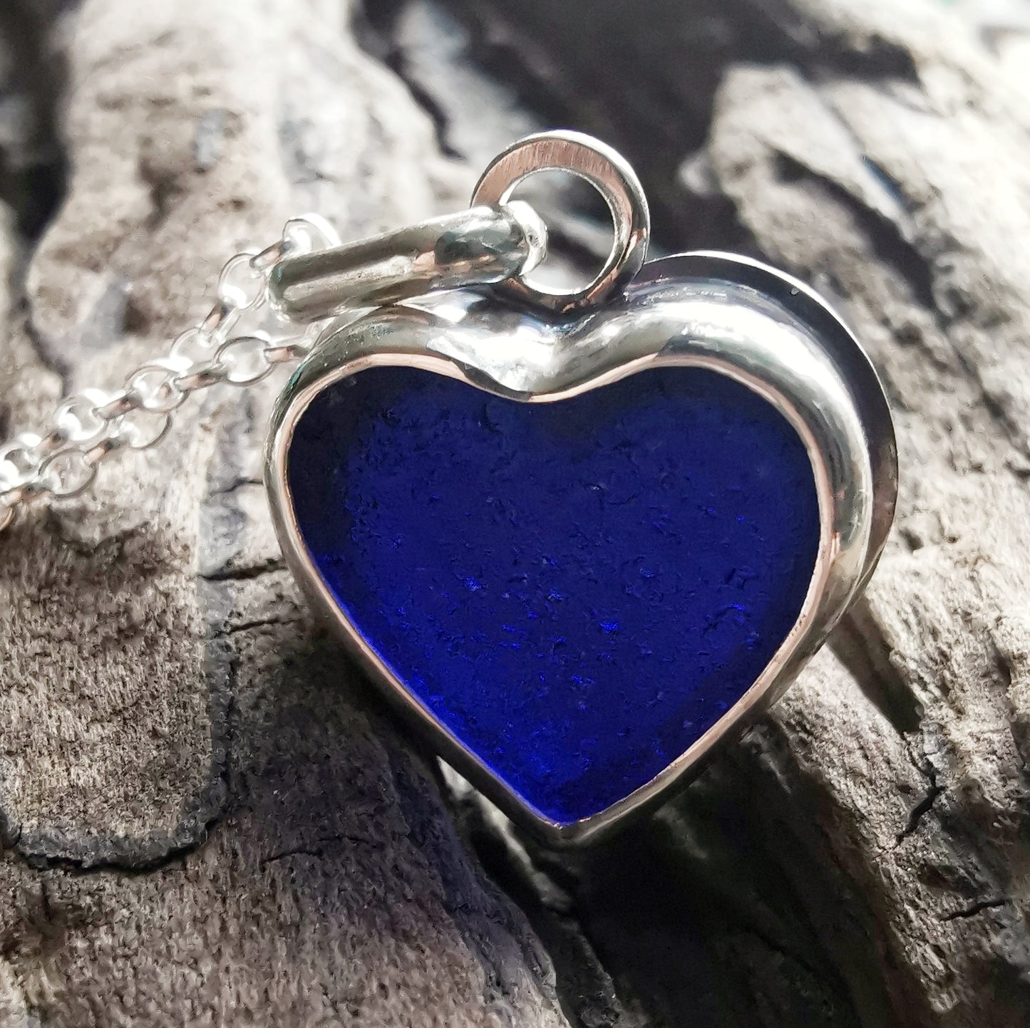 Scottish cobalt blue sea glass heart & sterling silver pendant.