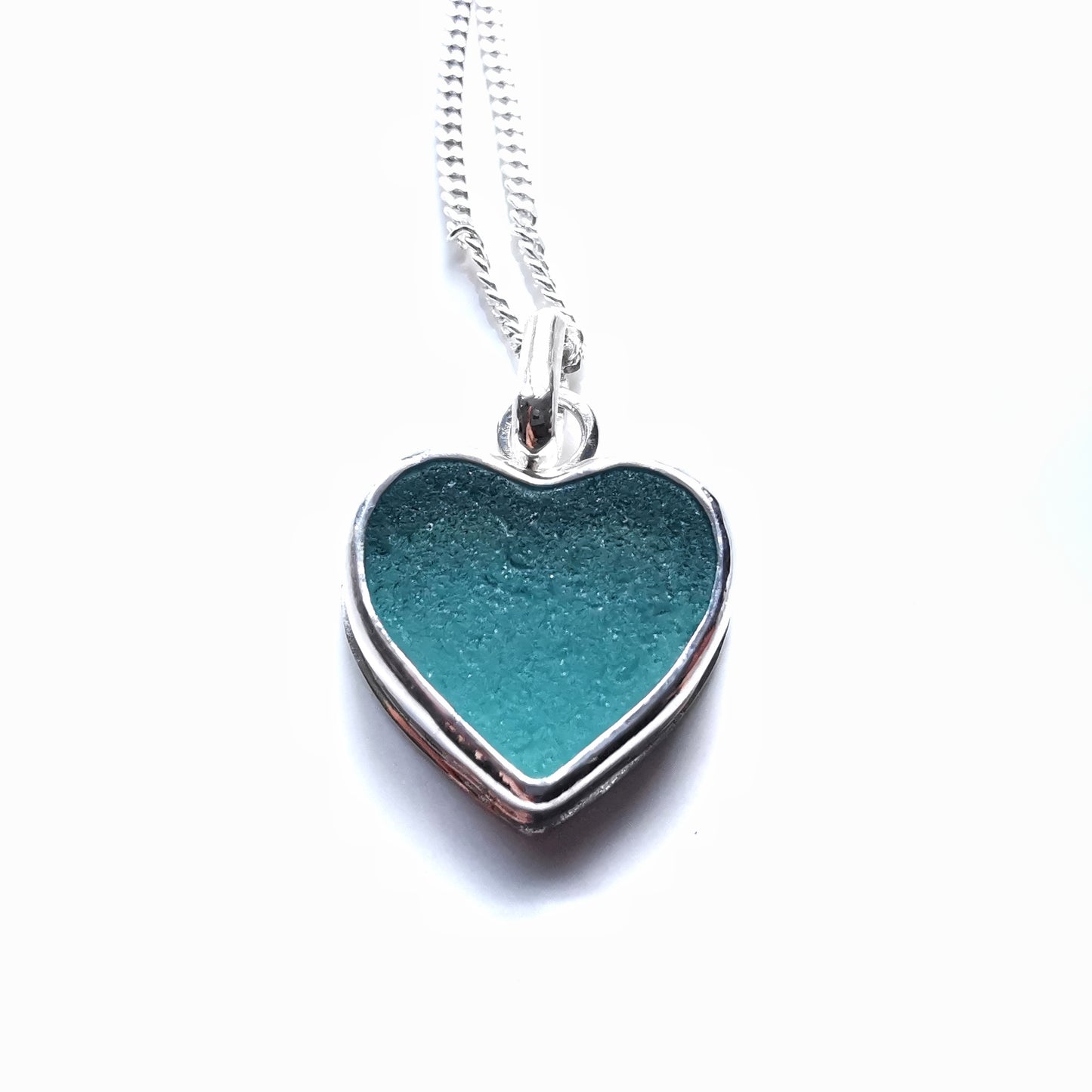 Scottish teal sea glass heart & sterling silver pendant.