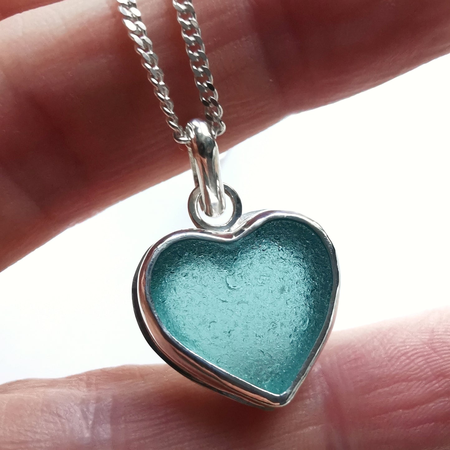 Scottish teal sea glass heart & sterling silver pendant.