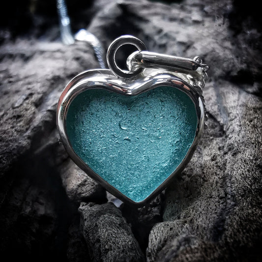Scottish teal sea glass heart & sterling silver pendant.