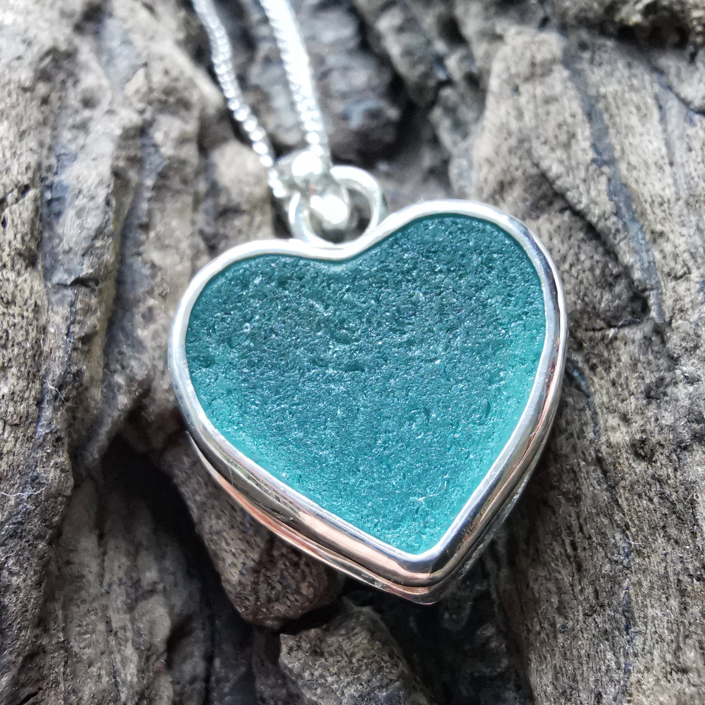 Scottish teal sea glass heart & sterling silver pendant.