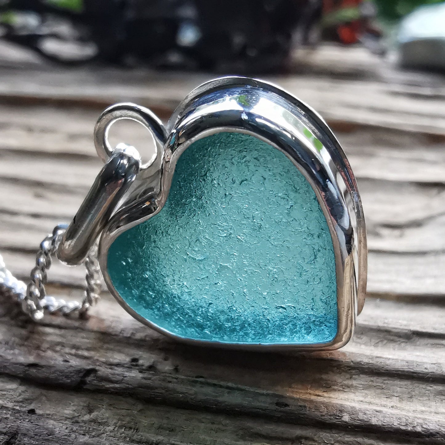 Scottish teal sea glass heart & sterling silver pendant.