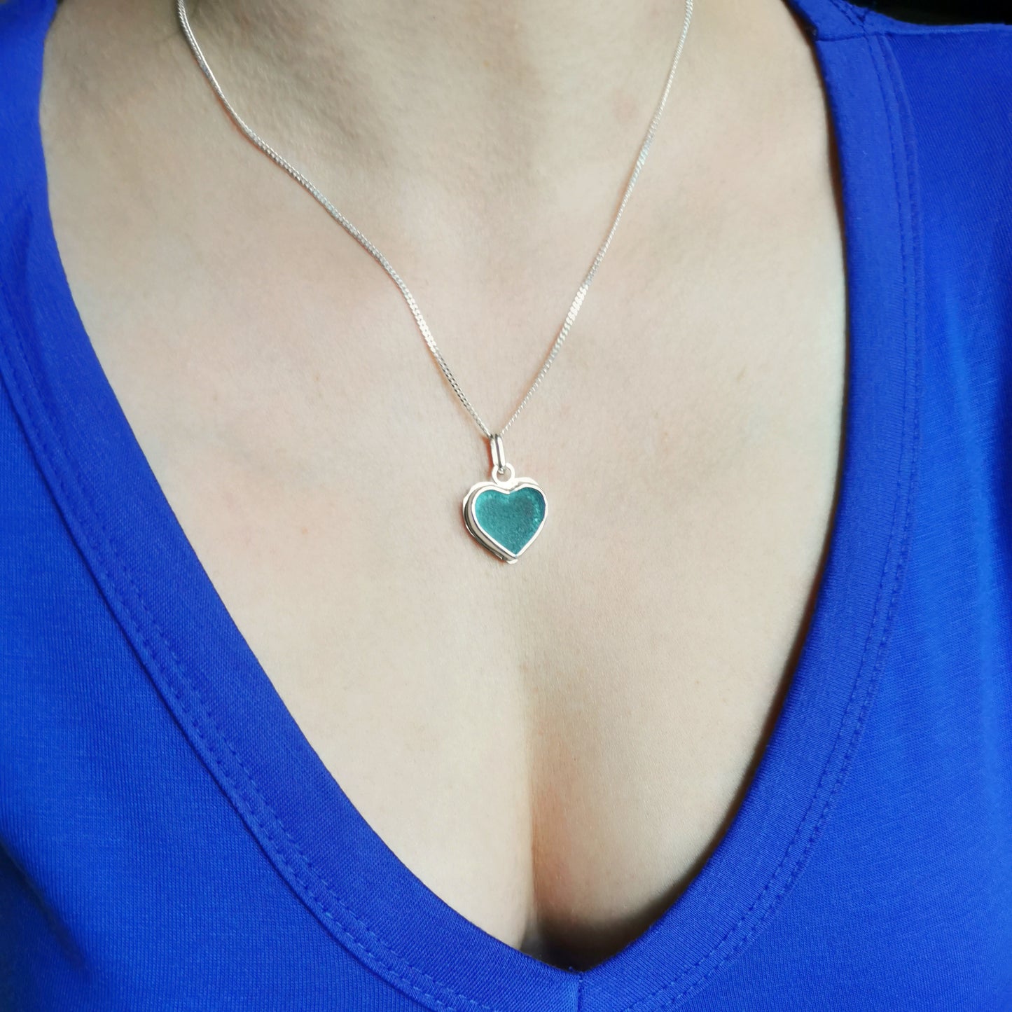 Scottish teal sea glass heart & sterling silver pendant.