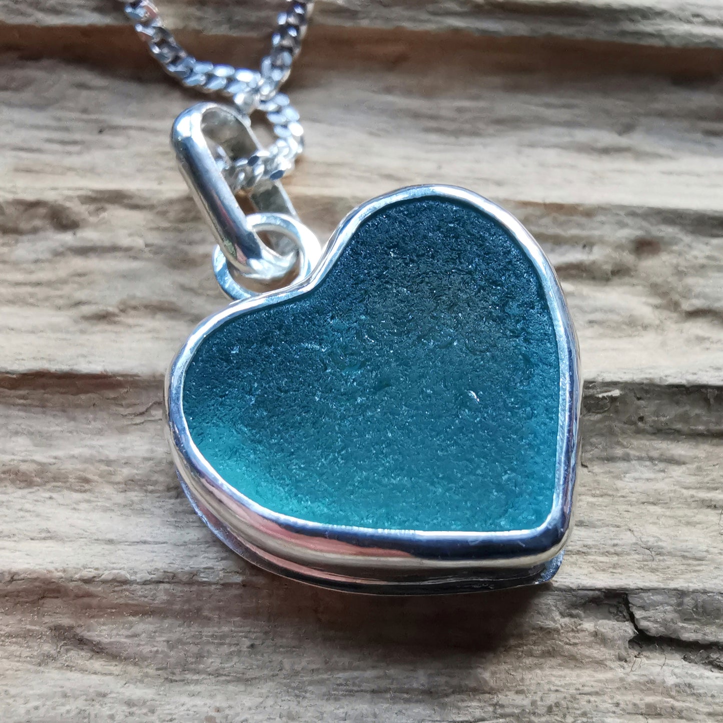 Scottish teal sea glass heart & sterling silver pendant.