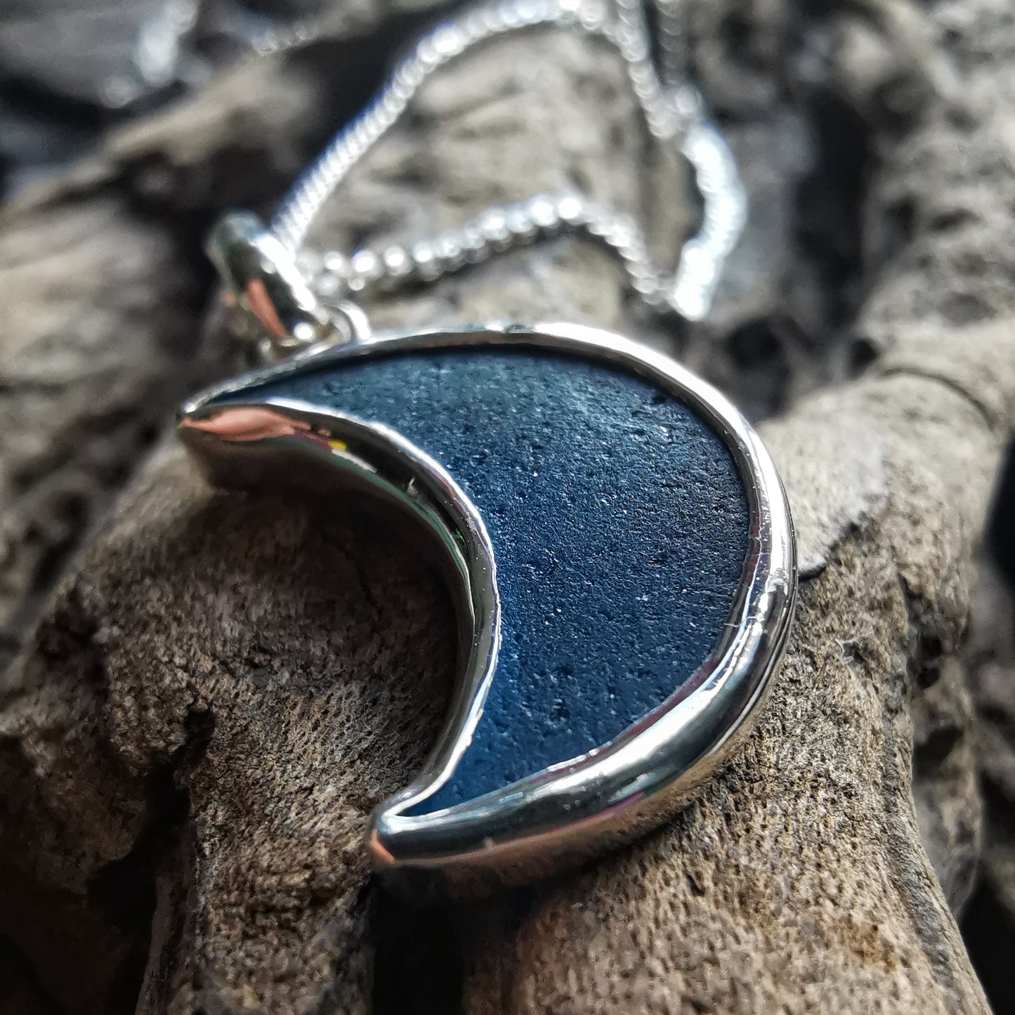 Reserved. Scottish teal blue crescent moon sea glass & sterling silver pendant.