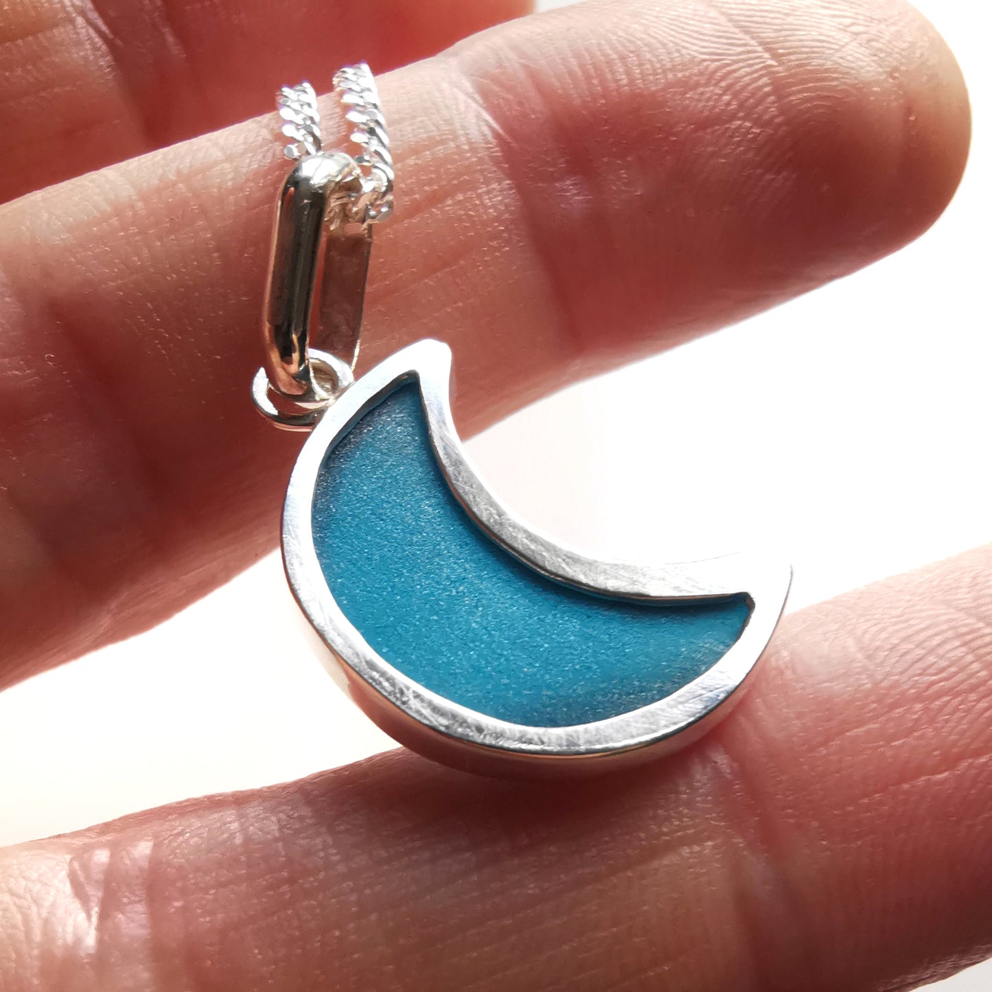 Reserved. Scottish teal blue crescent moon sea glass & sterling silver pendant.