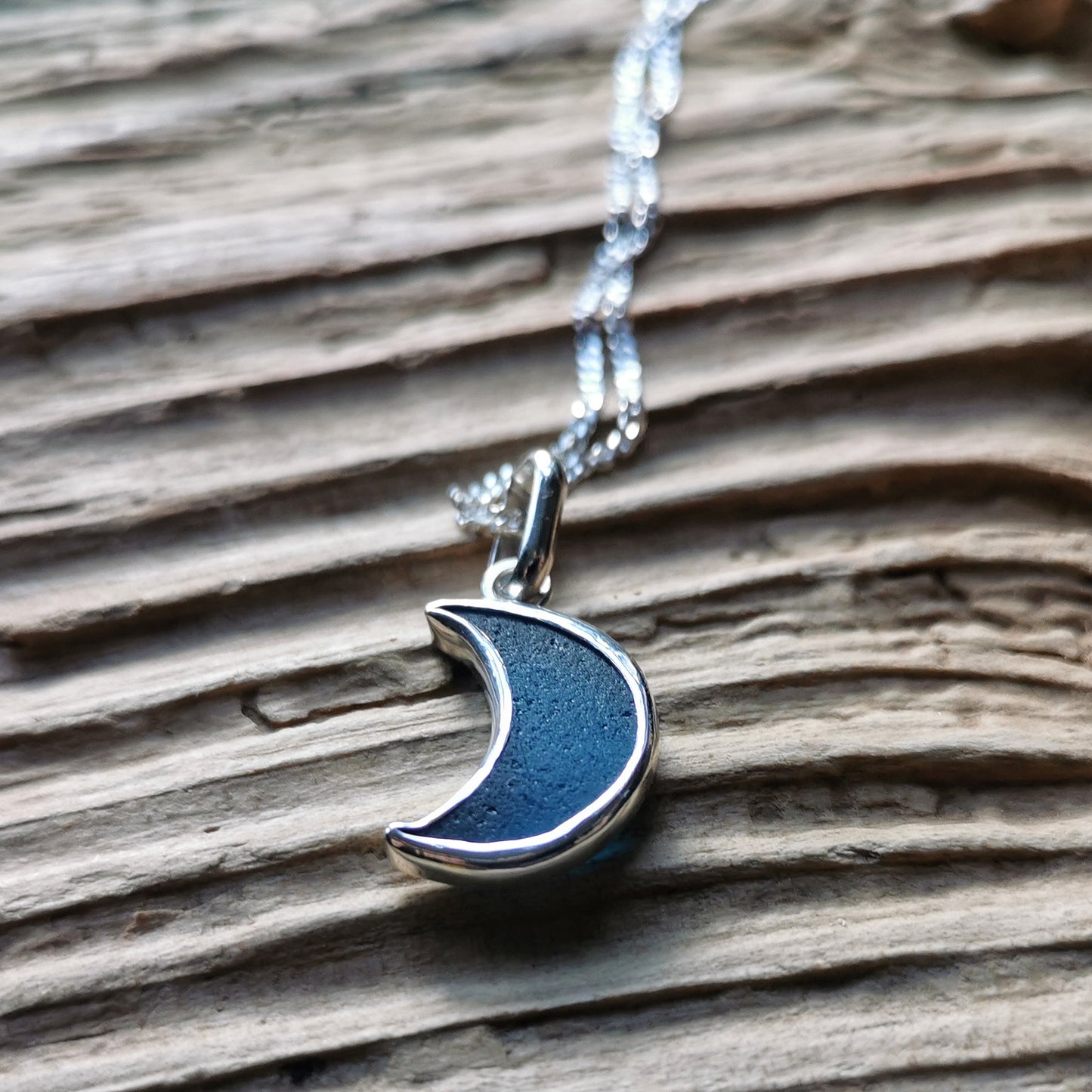 Reserved. Scottish teal blue crescent moon sea glass & sterling silver pendant.