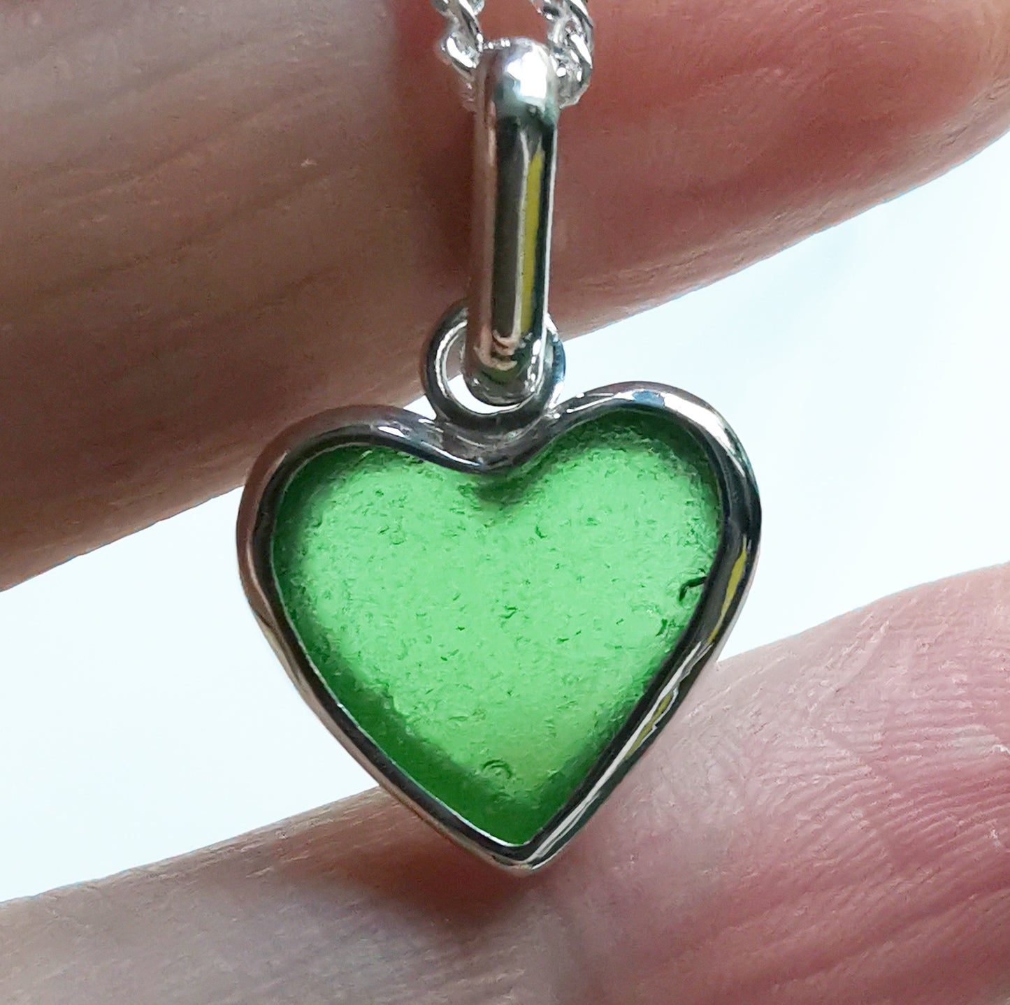 Scottish green sea glass heart & sterling silver pendant.
