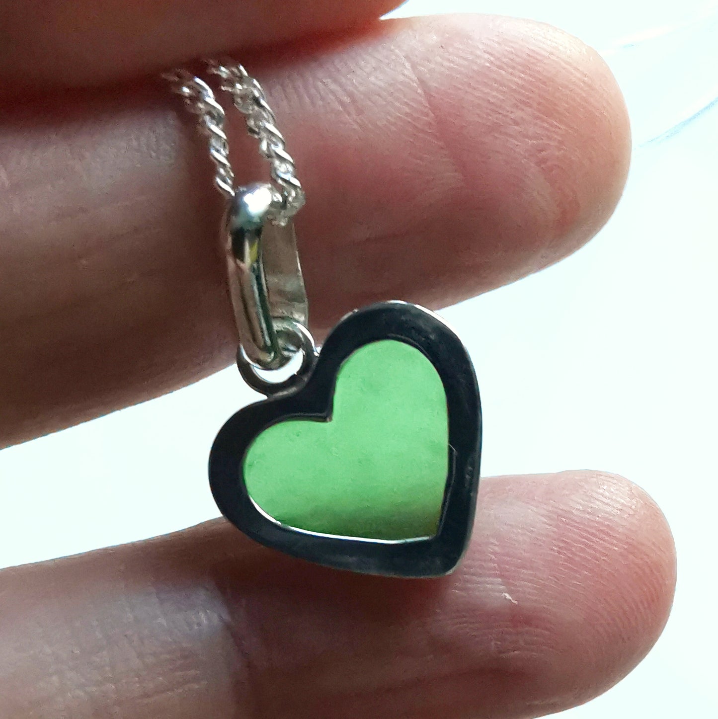 Scottish green sea glass heart & sterling silver pendant.