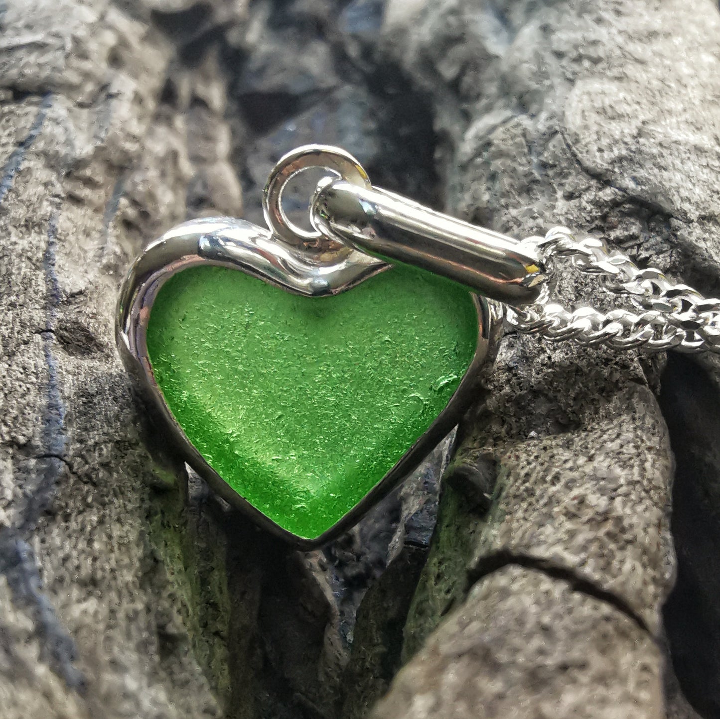 Scottish green sea glass heart & sterling silver pendant.