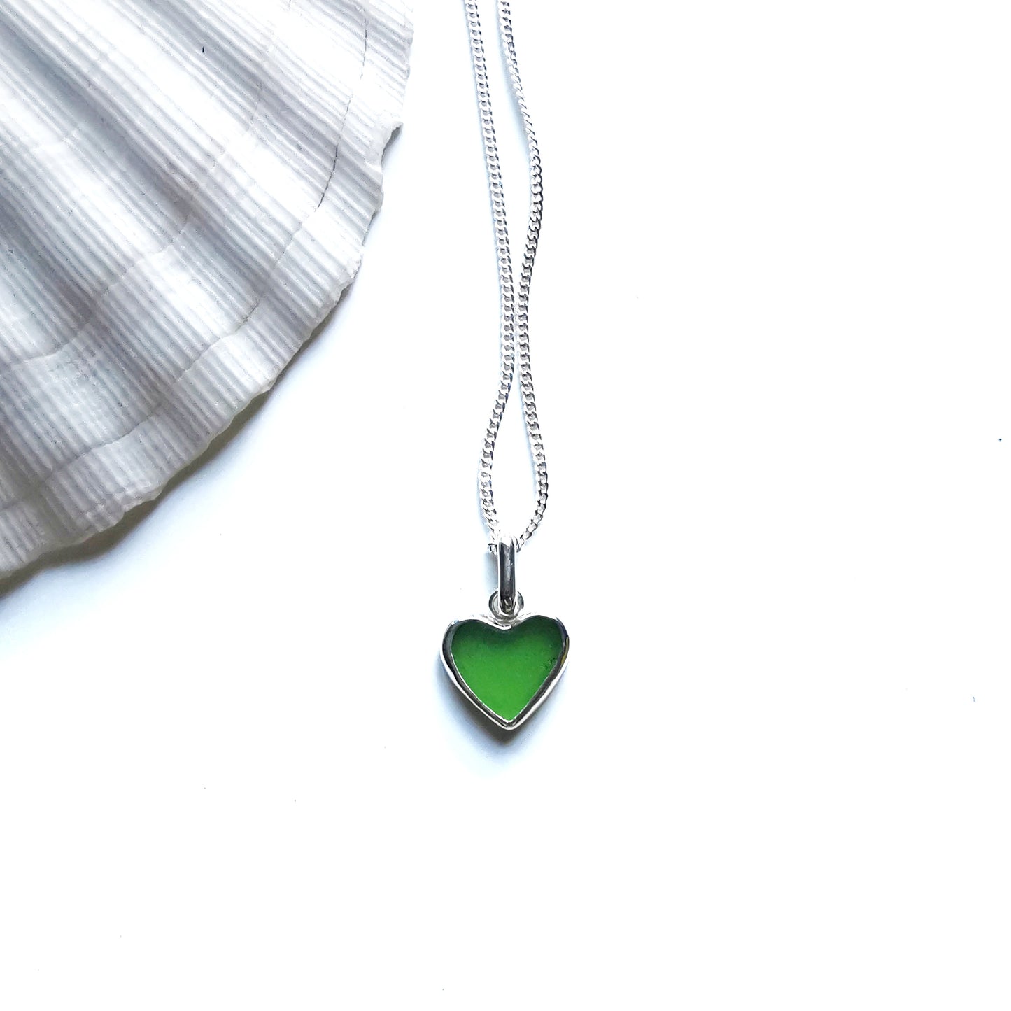 Scottish green sea glass heart & sterling silver pendant.