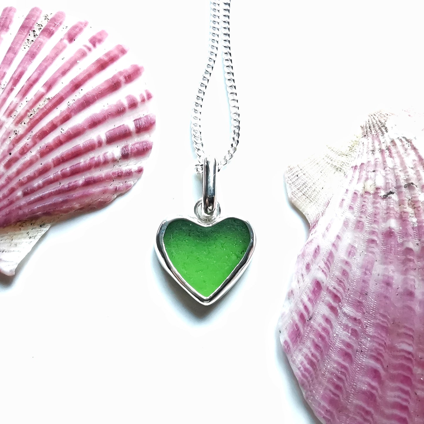 Scottish green sea glass heart & sterling silver pendant.