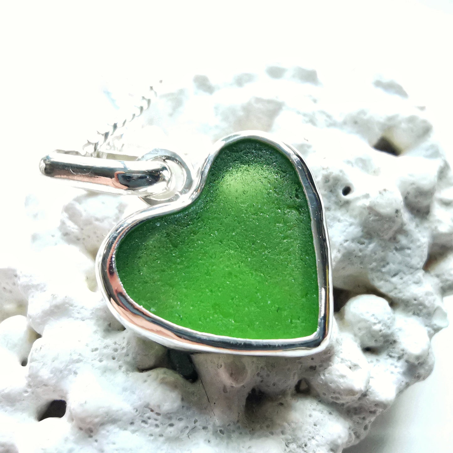 Scottish green sea glass heart & sterling silver pendant.