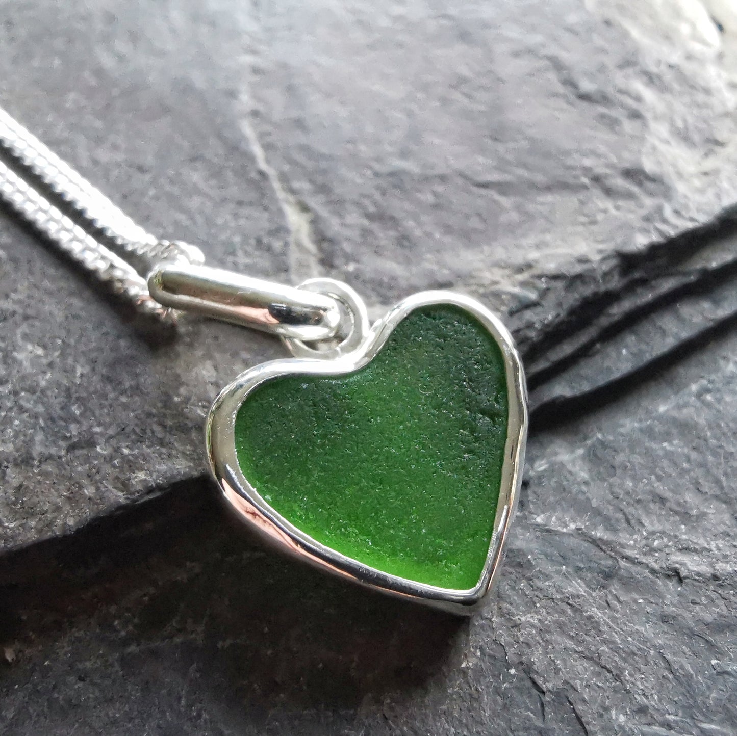 Scottish green sea glass heart & sterling silver pendant.