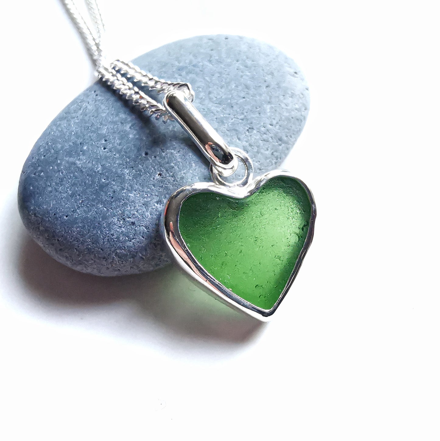 Scottish green sea glass heart & sterling silver pendant.
