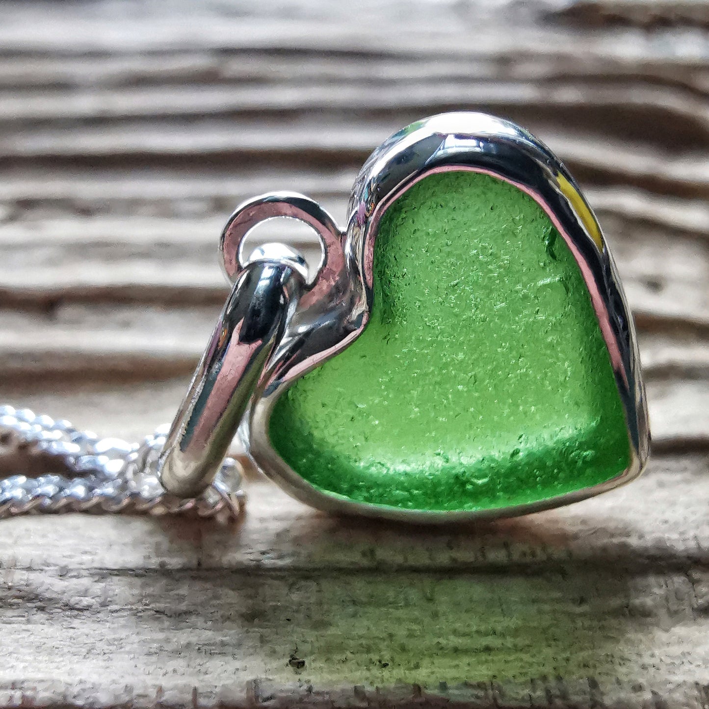 Scottish green sea glass heart & sterling silver pendant.