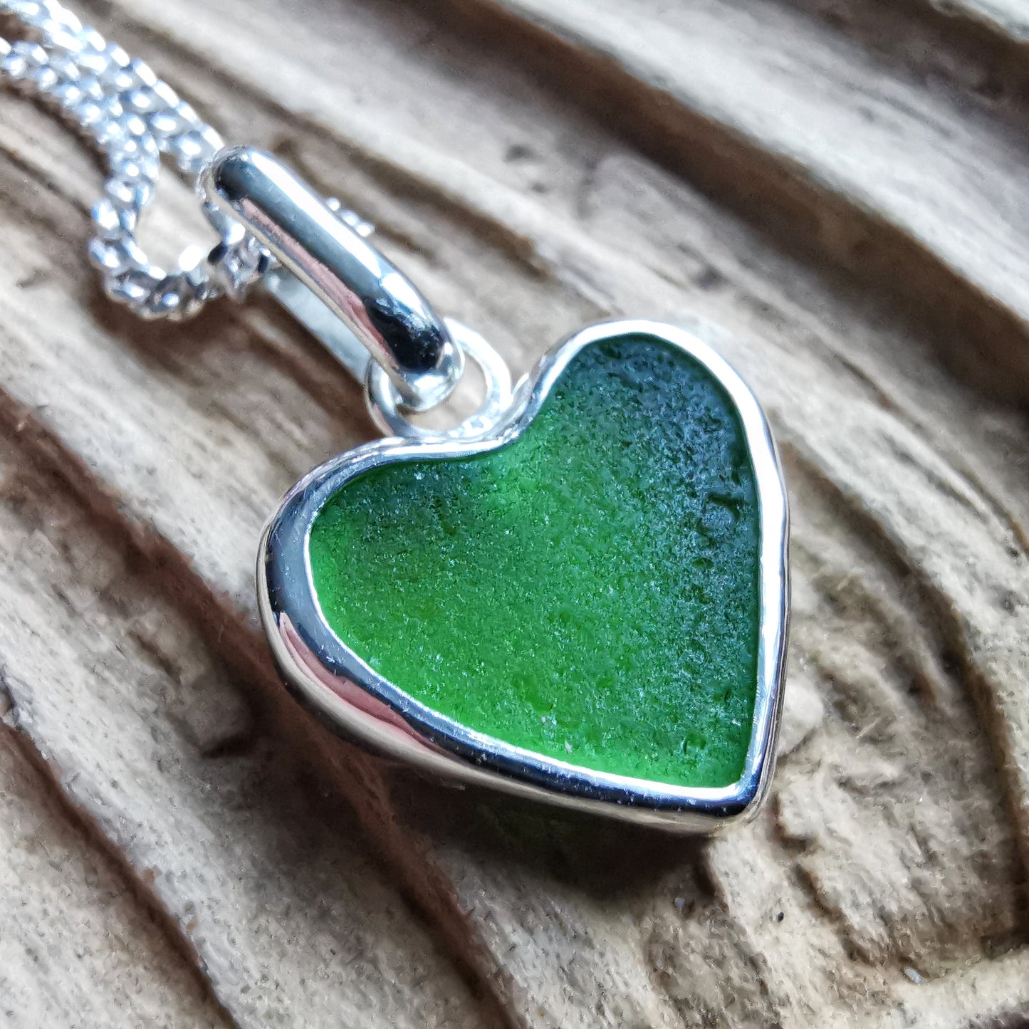 Scottish green sea glass heart & sterling silver pendant.