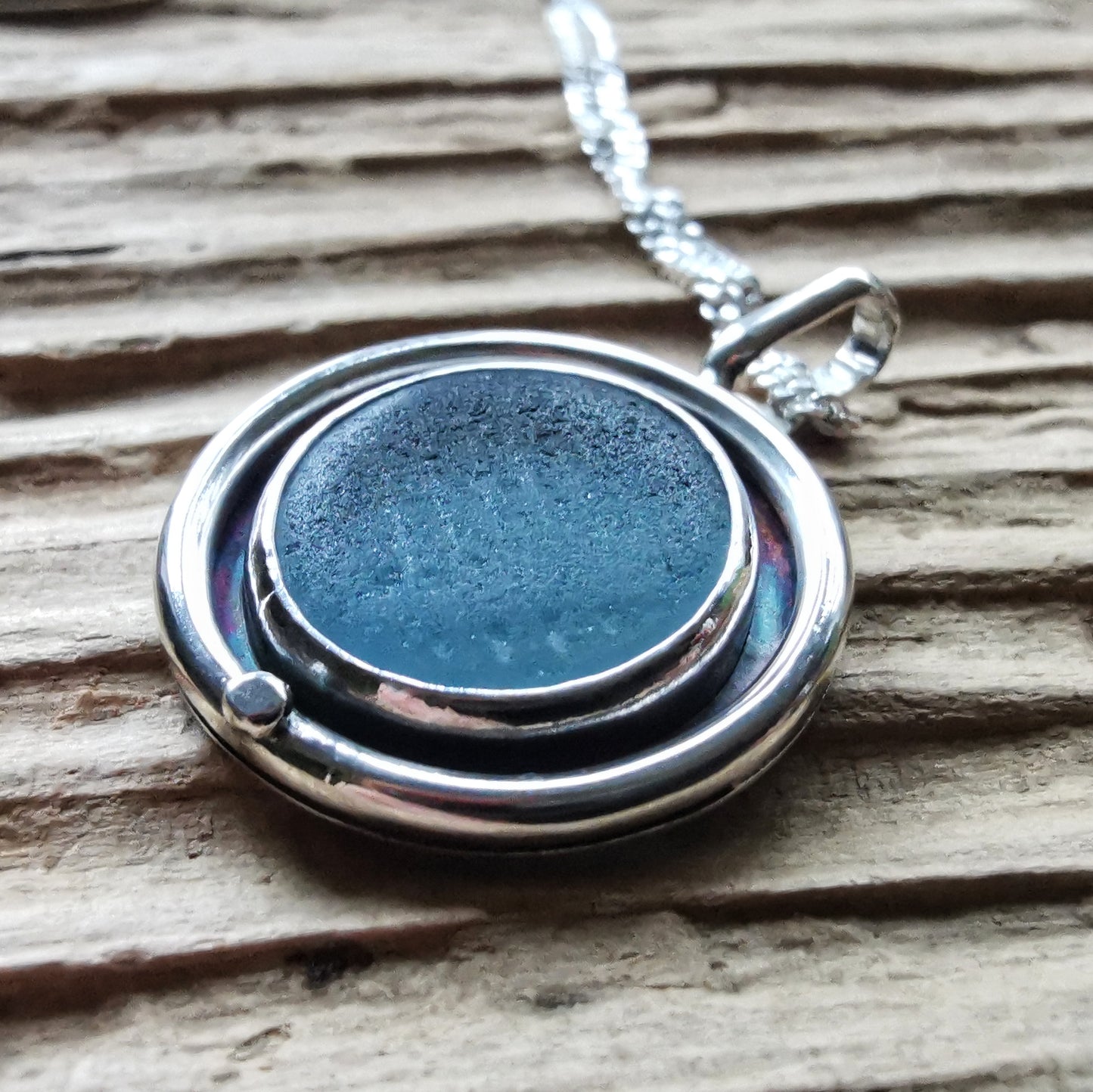 Japanese blue ohajiki sea glass & sterling silver pendant.