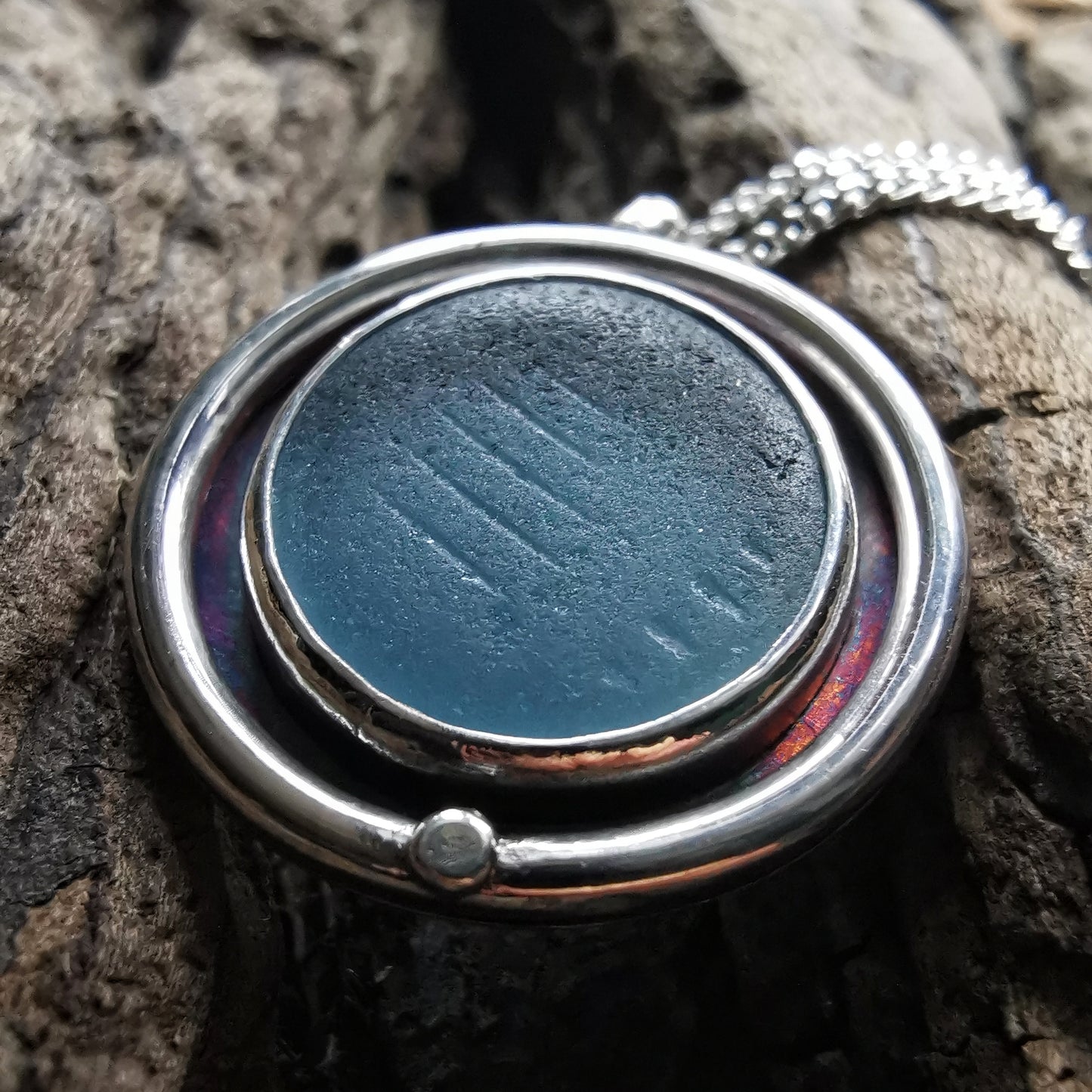 Japanese blue ohajiki sea glass & sterling silver pendant.