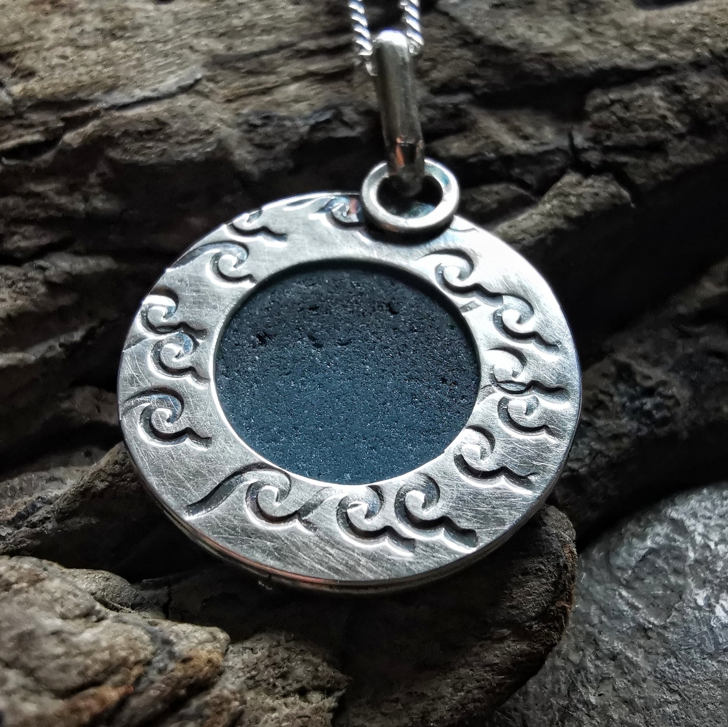 Japanese blue ohajiki sea glass & sterling silver pendant.