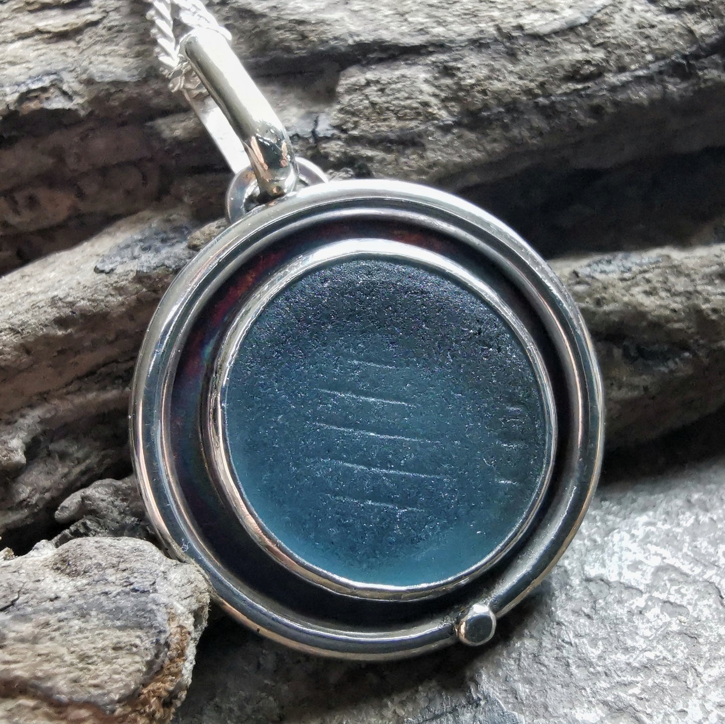 Japanese blue ohajiki sea glass & sterling silver pendant.