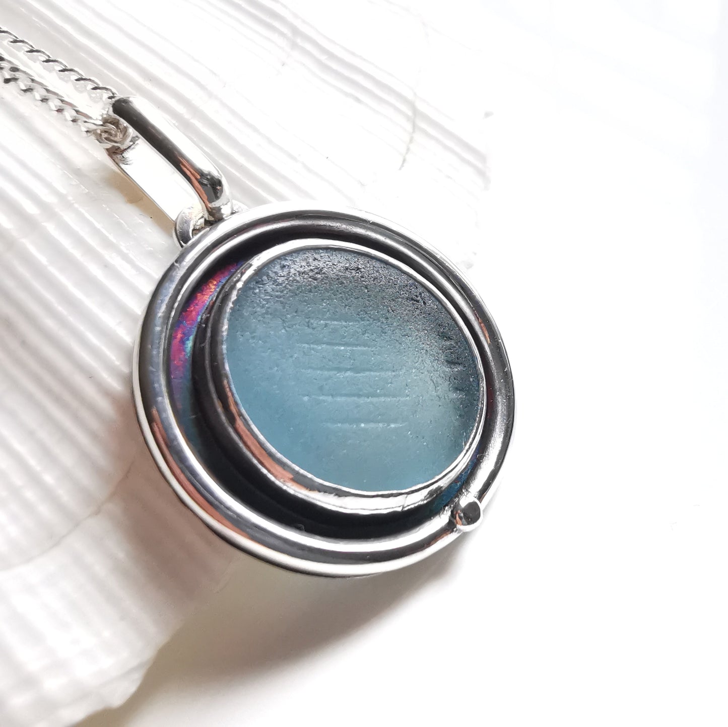 Japanese blue ohajiki sea glass & sterling silver pendant.