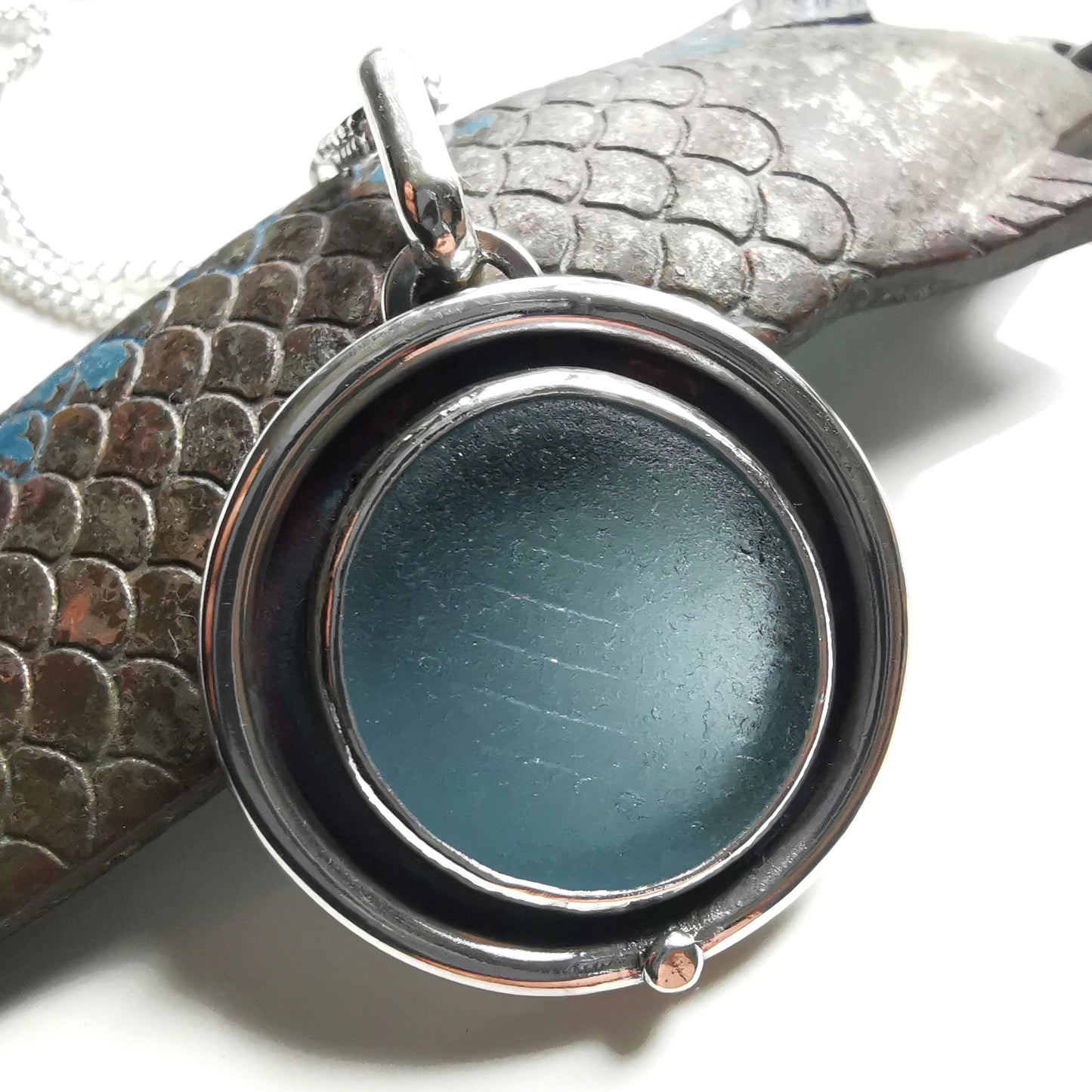 Japanese blue ohajiki sea glass & sterling silver pendant.