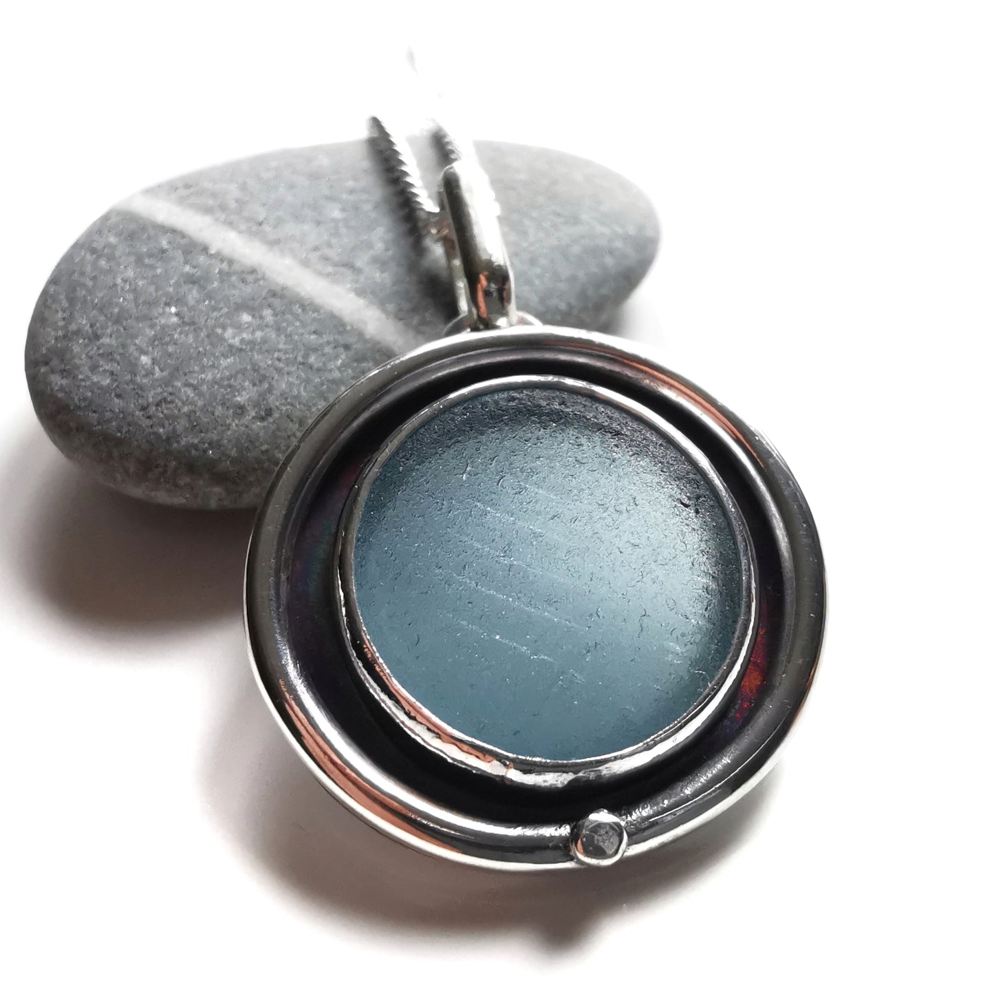 Japanese blue ohajiki sea glass & sterling silver pendant.