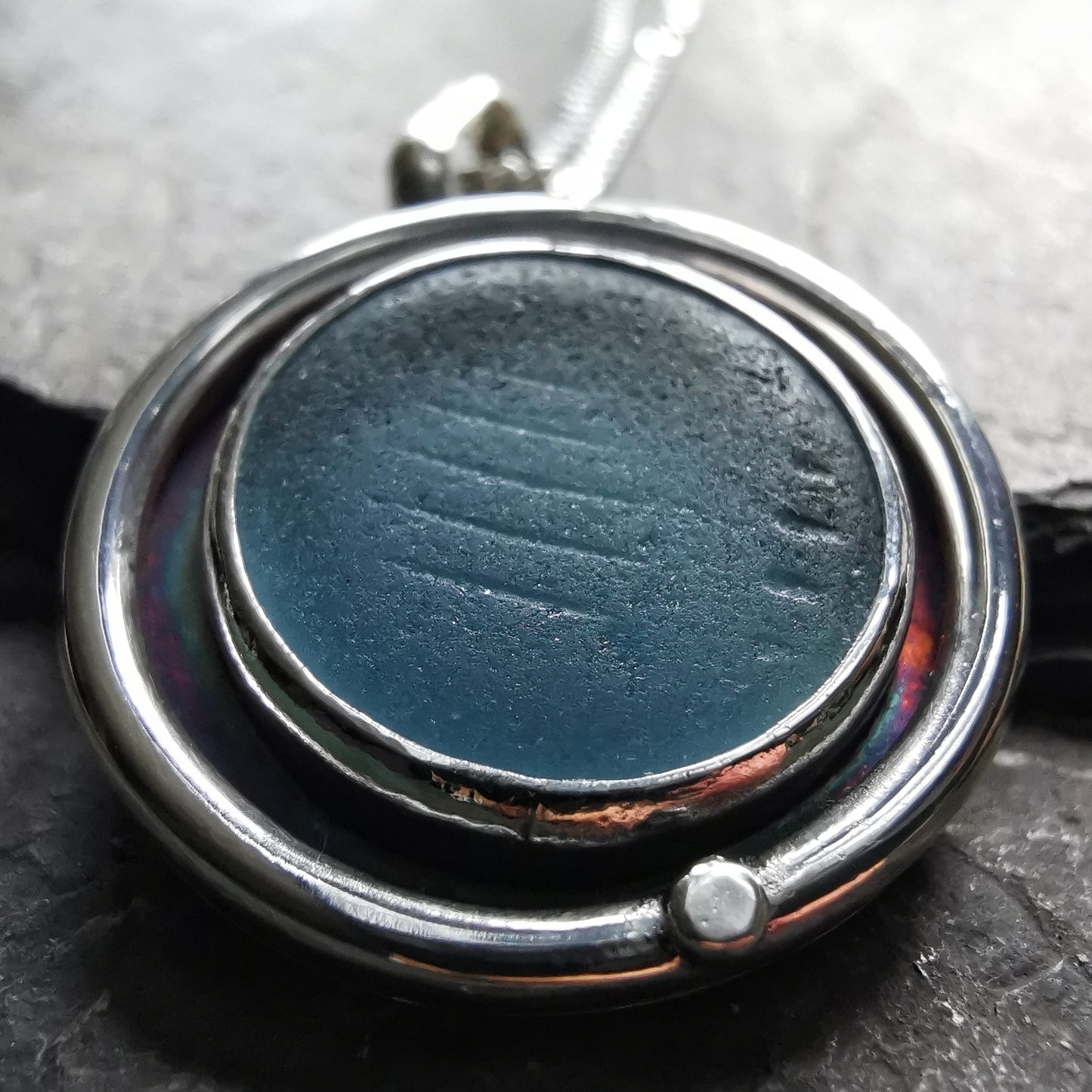 Japanese blue ohajiki sea glass & sterling silver pendant.